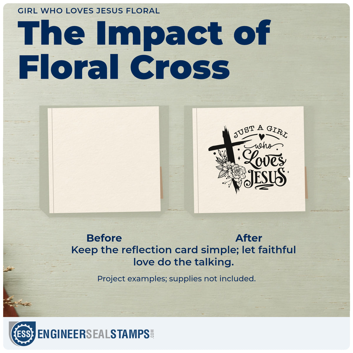 Before and after of a plain item finished with the Girl Who Loves Jesus Floral Stamp – Self-Inking, a quick upgrade for dance bag totes.