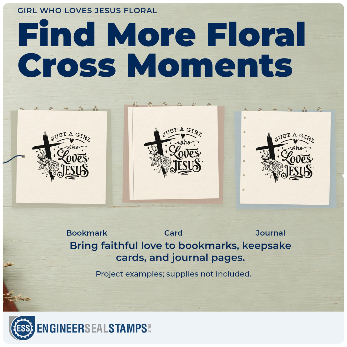 Three project examples made with the Girl Who Loves Jesus Floral Stamp – Self-Inking, including sleepover journal pages.