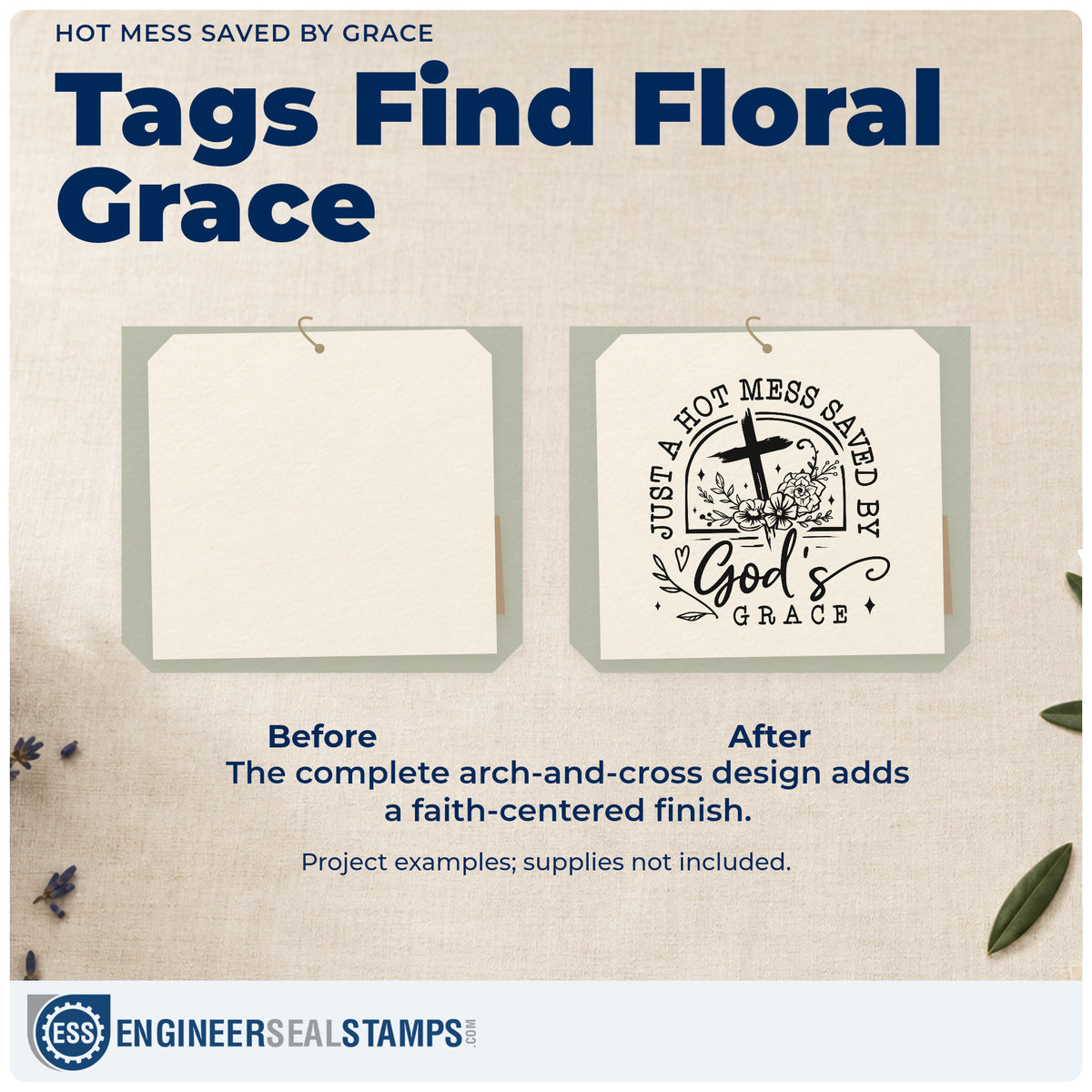 Before and after of a plain item finished with the Hot Mess Saved By Grace Rubber Stamp – Duo Hand, a quick upgrade for craft fair banners.