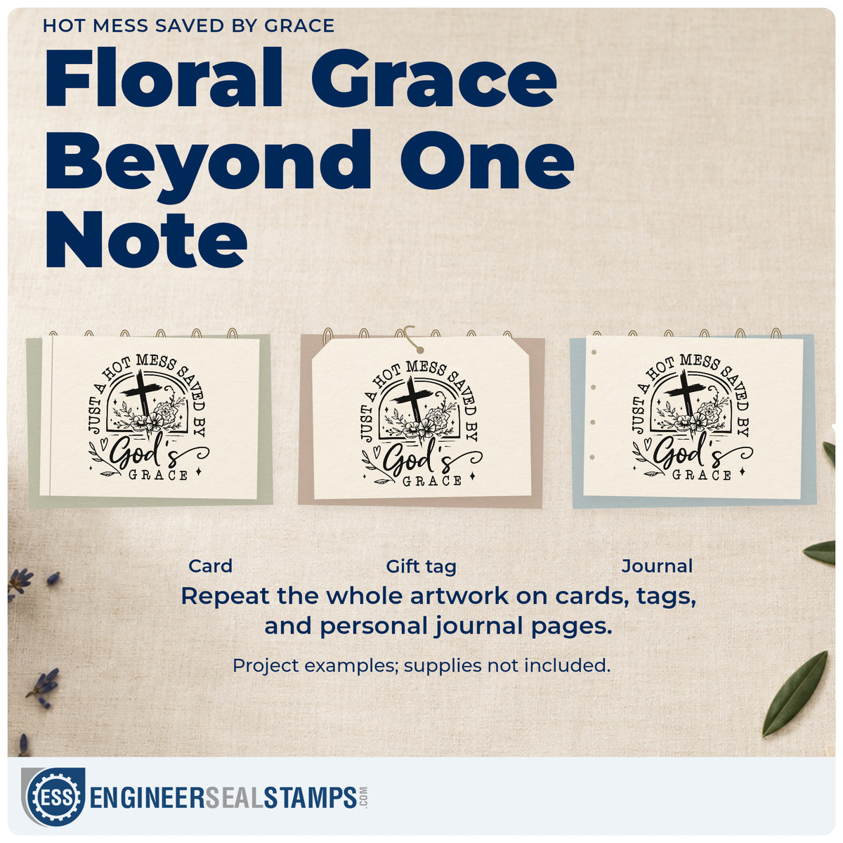 Three project examples made with the Hot Mess Saved By Grace Pre-Inked Stamp – PSI, including coffee mug boxes.