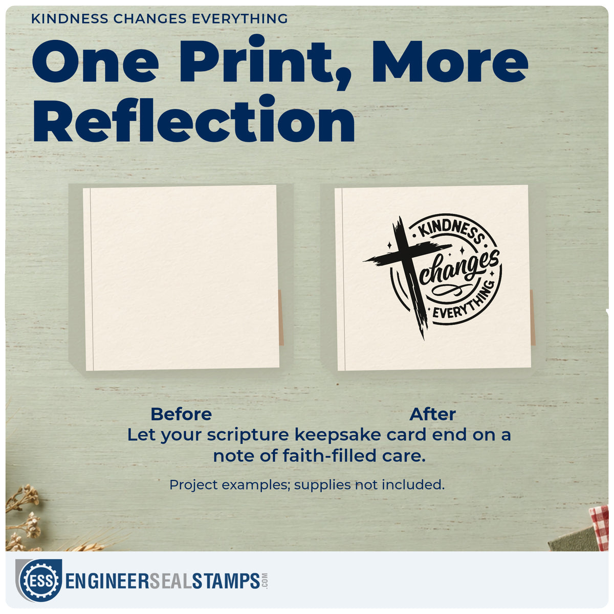 Before and after of a plain item finished with the Kindness Changes Everything Premium Wood-Mounted Stamp - Vintage Pro, a quick upgrade for pay it forward cards.