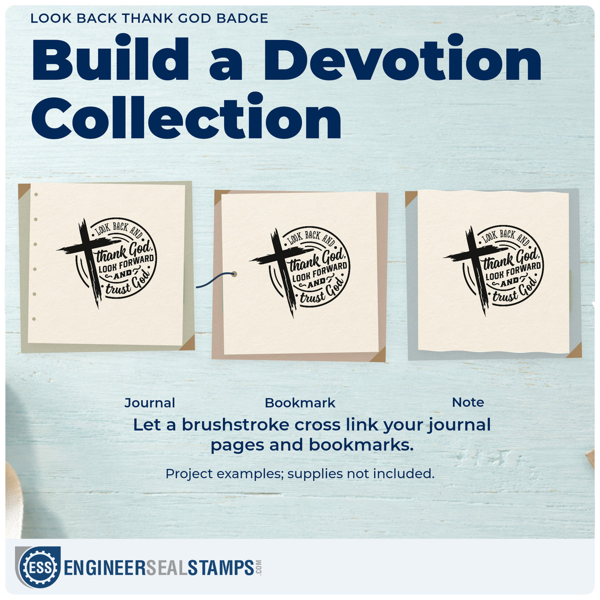 Three project examples made with the PSI Pre-Inked Look Back Thank God Badge Stamp, including retirement programs.
