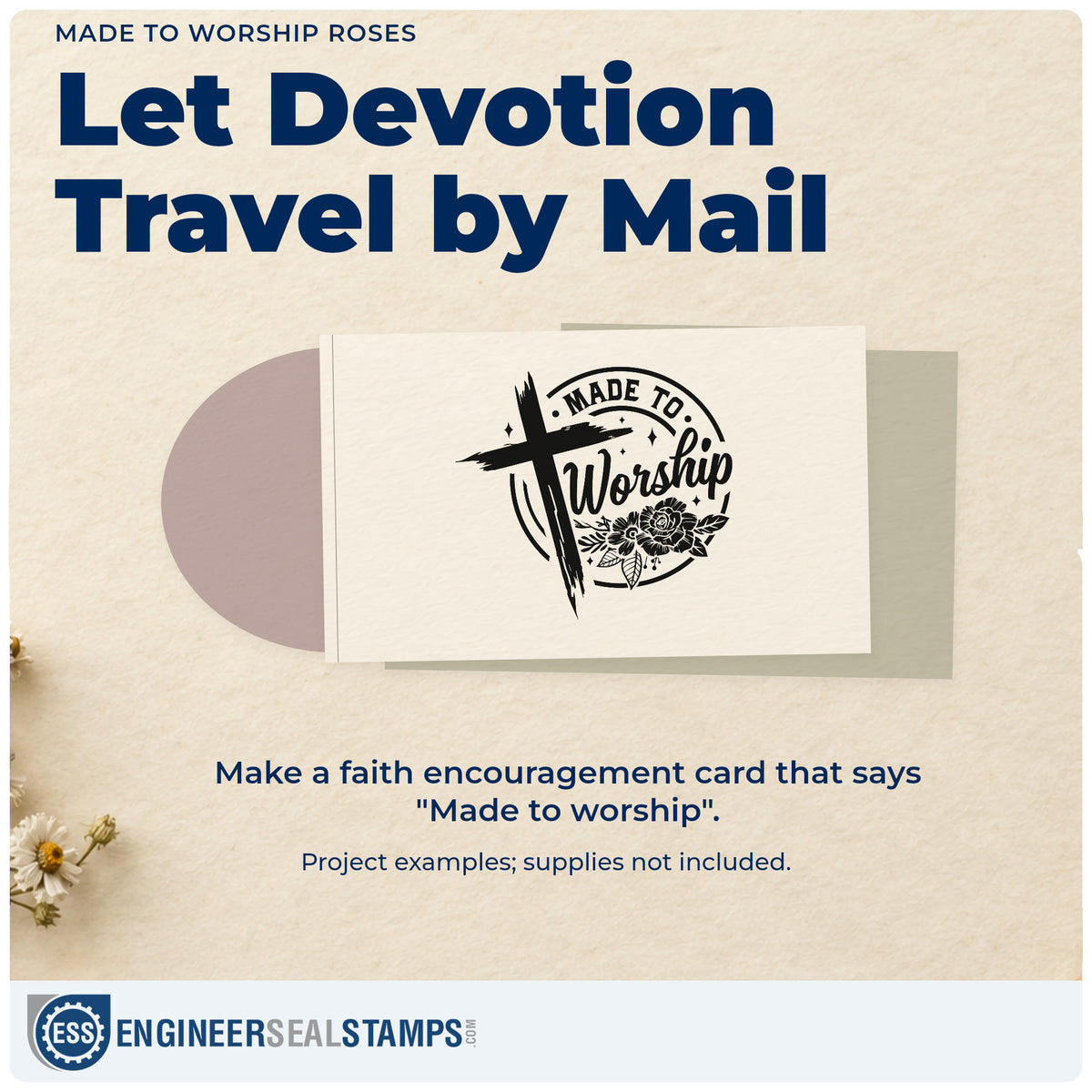 A finished handmade project stamped with the Made To Worship Roses PSI Pre-Inked Stamp, ideal for choir folder tags.