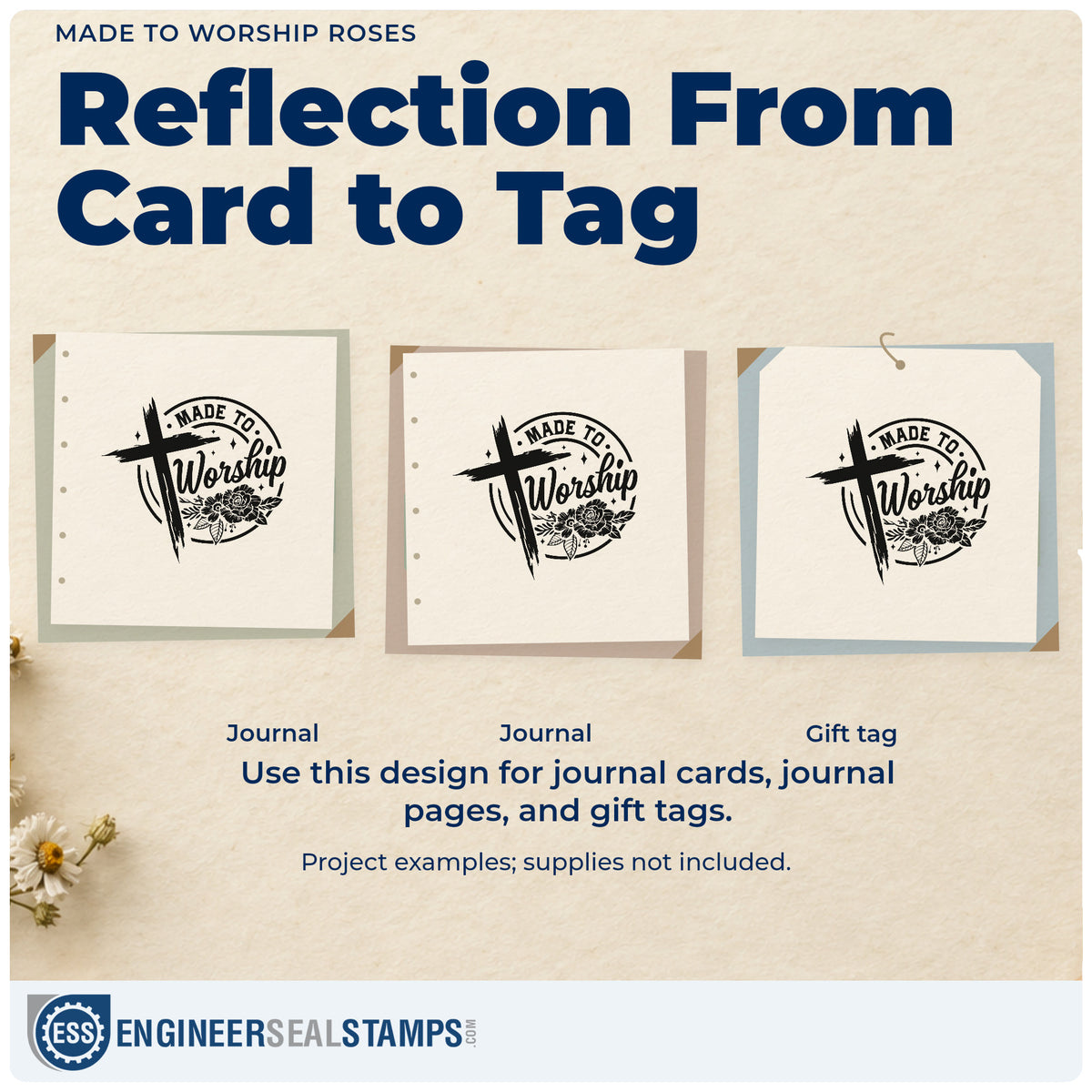 Three project examples made with the Made To Worship Roses Premium Wood-Mounted Stamp - Vintage Pro, including hymnal bookplates.