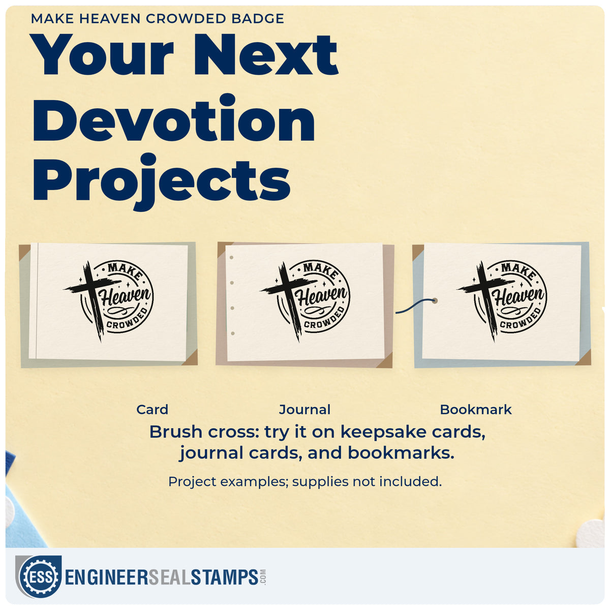 Three project examples made with the Make Heaven Crowded Emblem Slim Pre-Inked Stamp, including prayer list pages.
