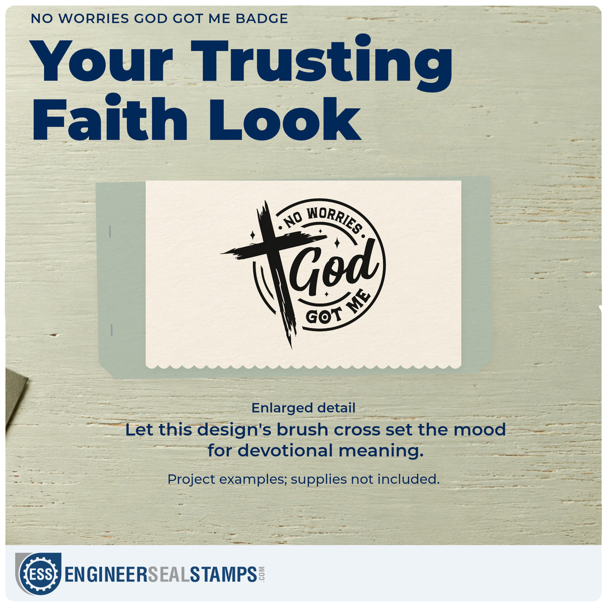 Enlarged detail of the No Worries God Got Me Badge Rubber Stamp – Duo Hand imprint. A brushstroke cross overlaps a circular "No worries, God got me" design.