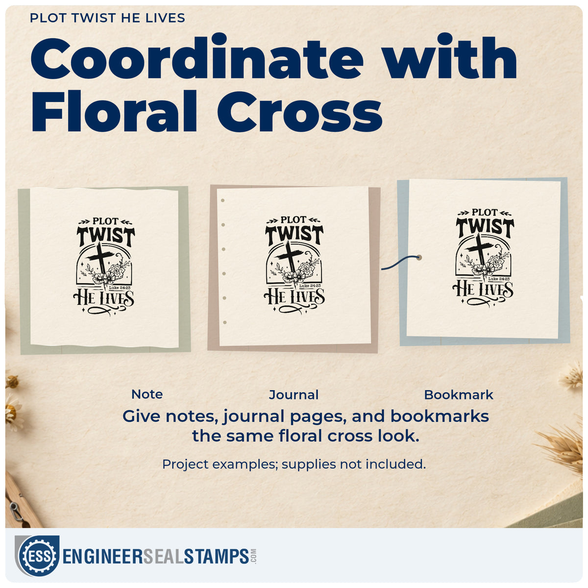 Three project examples made with the Pre-Inked Plot Twist He Lives Stamp – PSI, including empty tomb crafts.