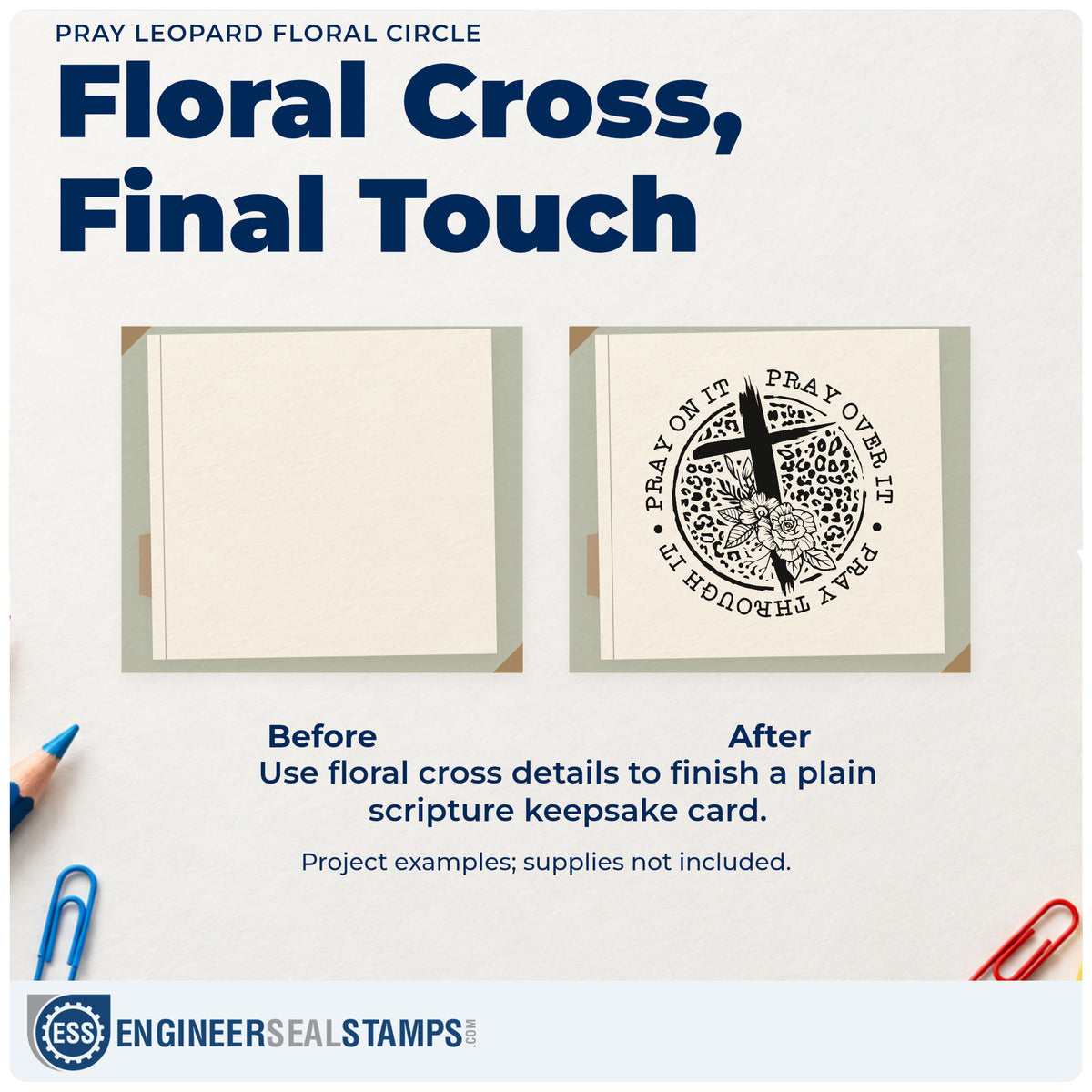 Before and after of a plain item finished with the Vintage Pro Pray Leopard Floral Circle Premium Wooden Stamp, a quick upgrade for candle vessel labels.