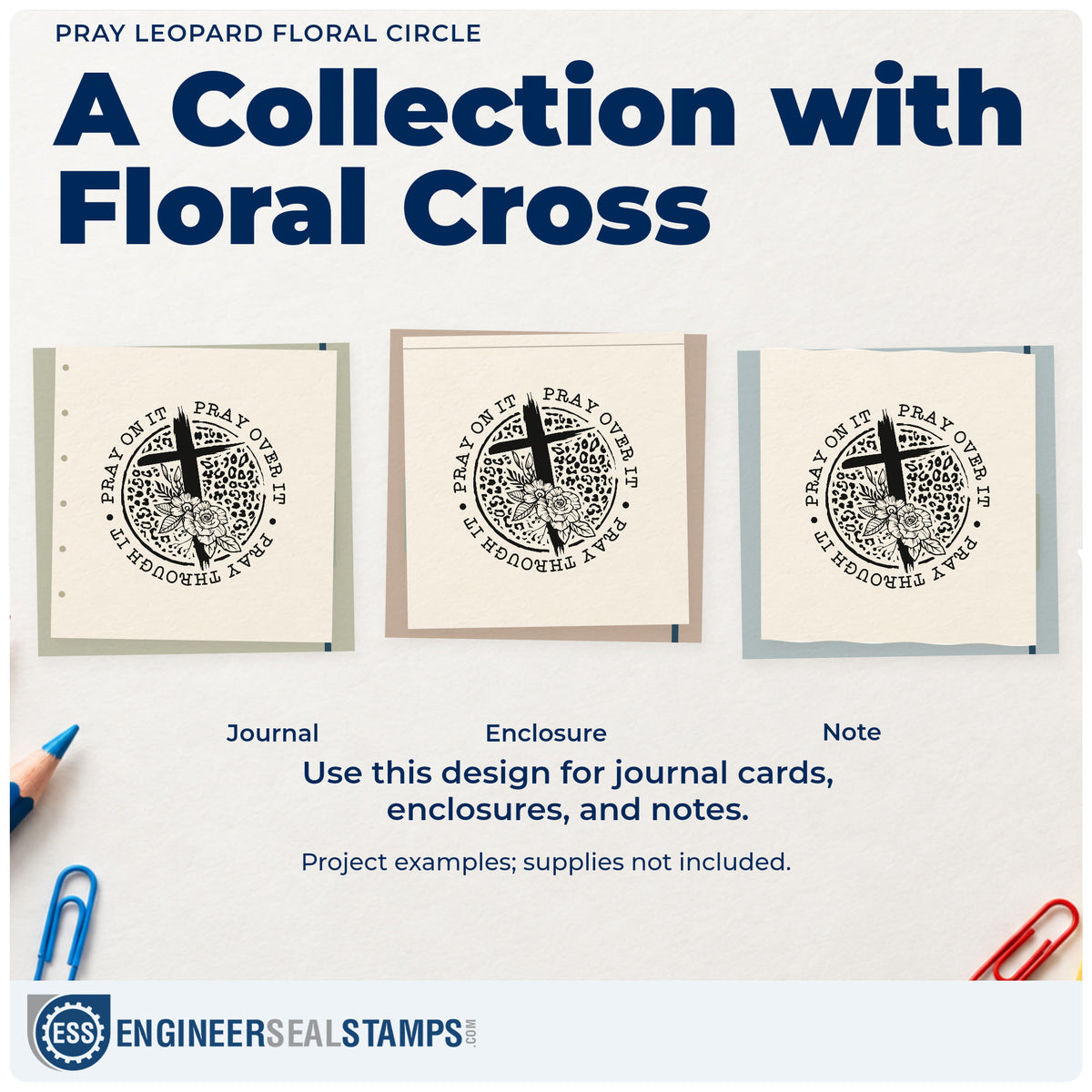 Three project examples made with the Pray Leopard Floral Circle Self-Inking Stamp, including nail salon cards.