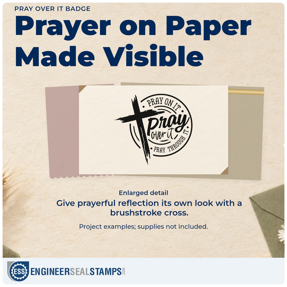 Enlarged detail of the Pray Over It Emblem Stamp – Duo Hand imprint. A brushstroke cross overlaps a circular "Pray on it, pray over it, pray through it" design.