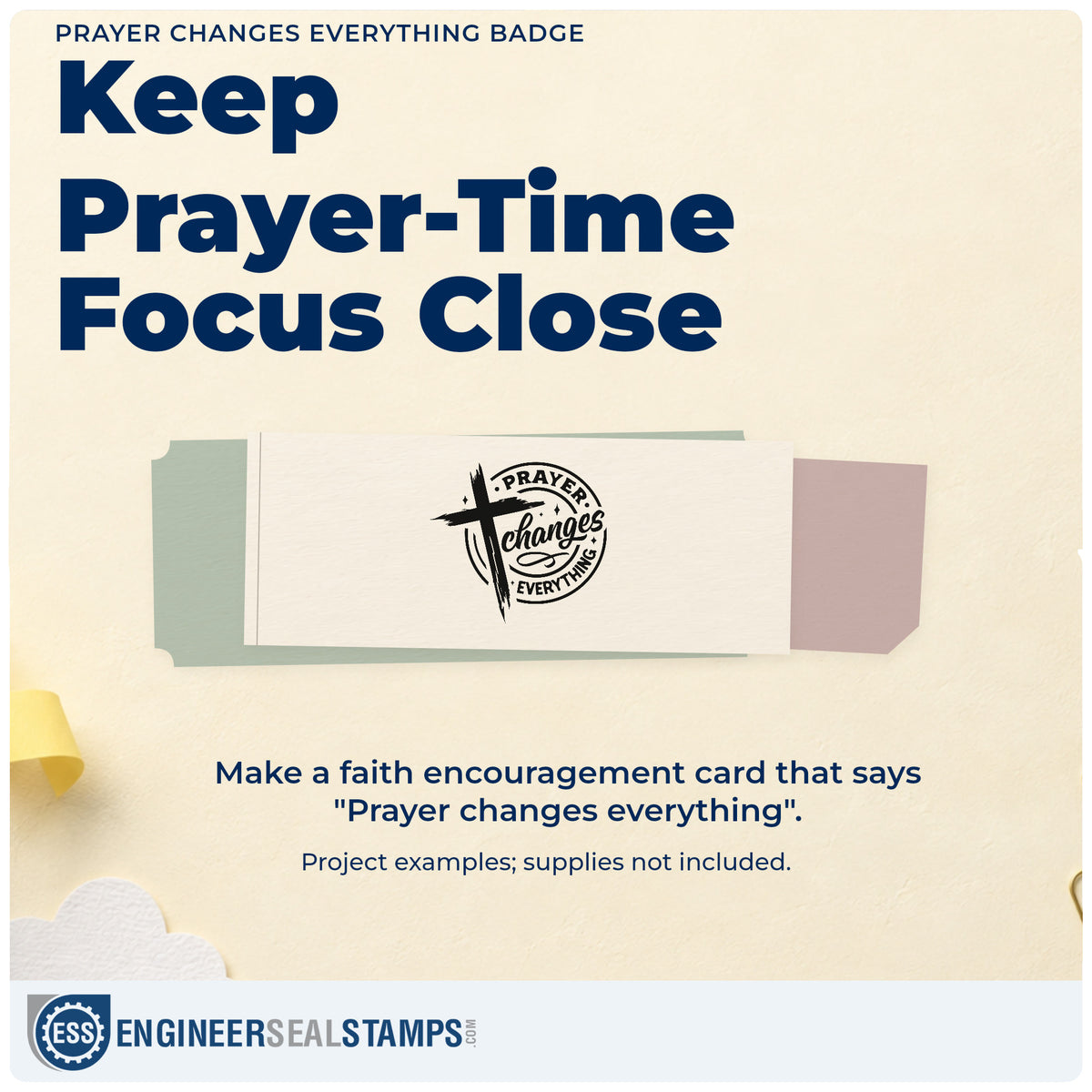 A finished handmade project stamped with the Prayer Changes Everything Badge Premium Wood-Mounted Stamp - Vintage Pro, ideal for sunday school tags.