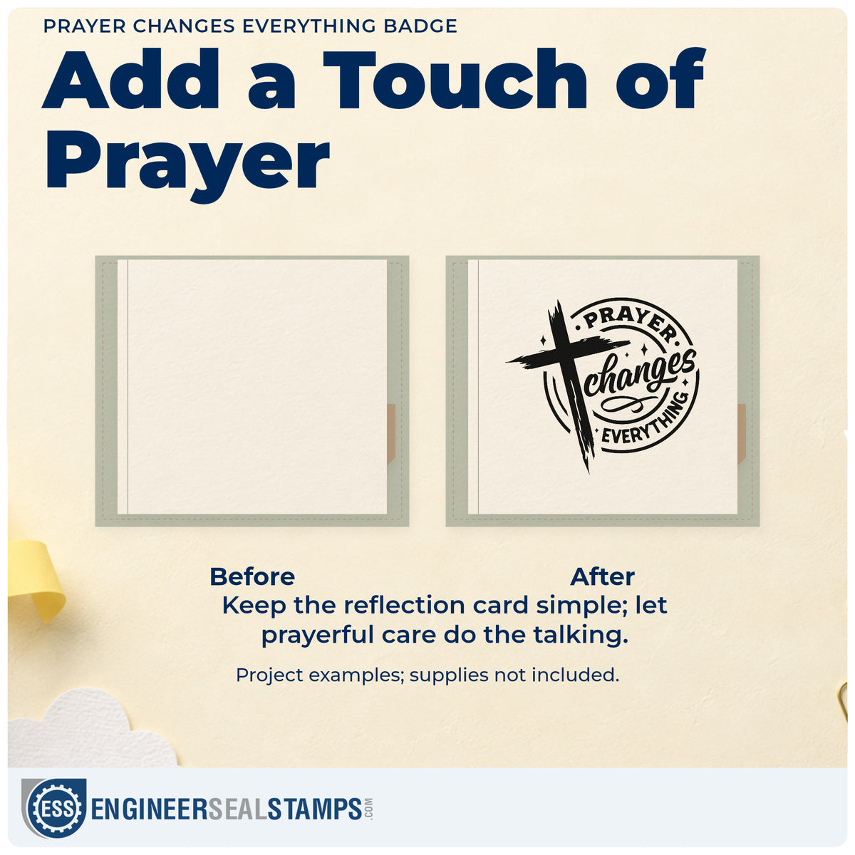 Before and after of a plain item finished with the Prayer Changes Everything Badge Rubber Stamp – Duo Hand, a quick upgrade for fridge magnet labels.