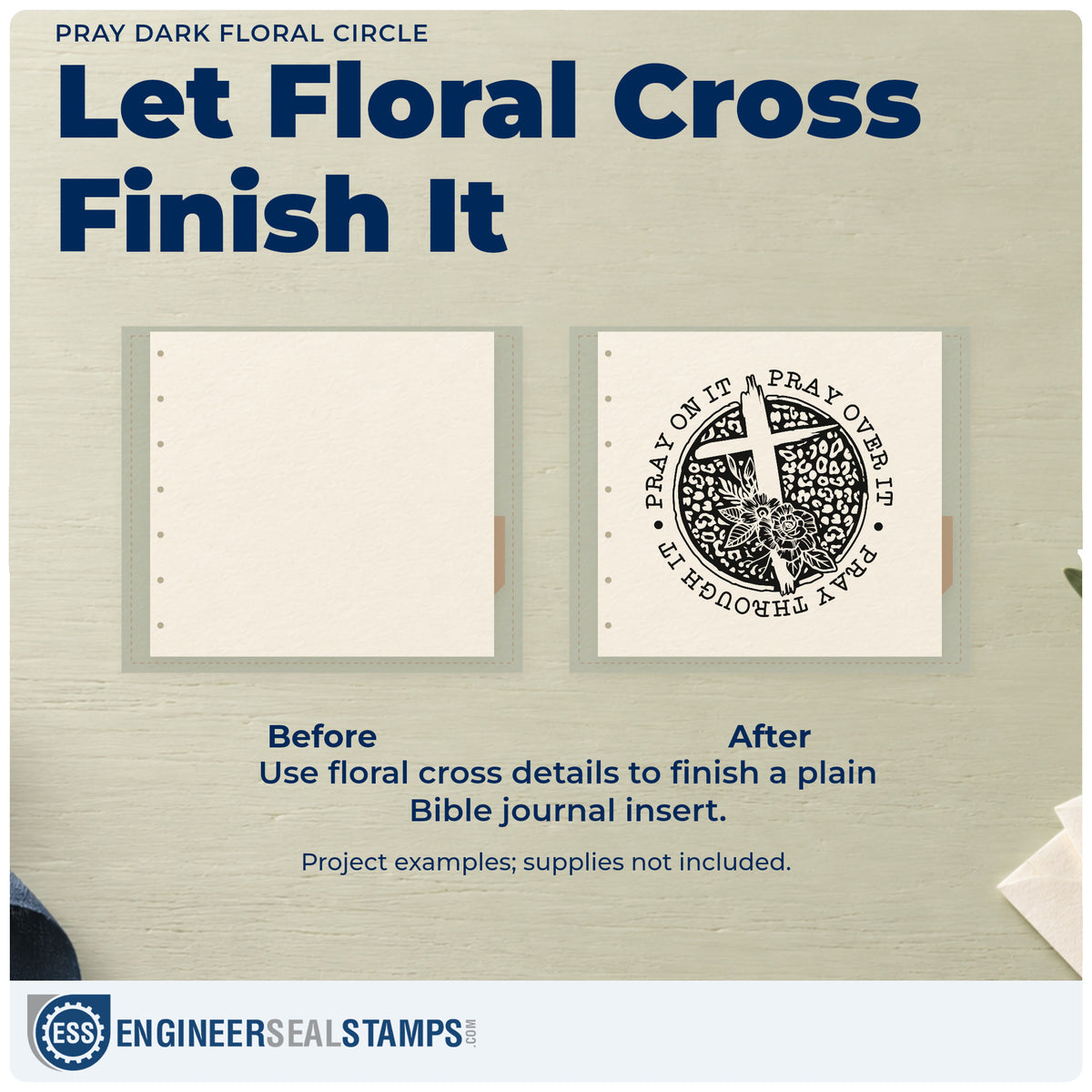 Before and after of a plain item finished with the Pray Solid Floral Circle Rubber Stamp – Wood Handle, a quick upgrade for coffee roast labels.