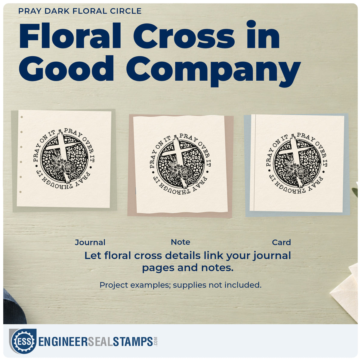 Three project examples made with the Pray Solid Floral Circle Stamp – Slim Pre-Inked, including vinyl record sleeves.
