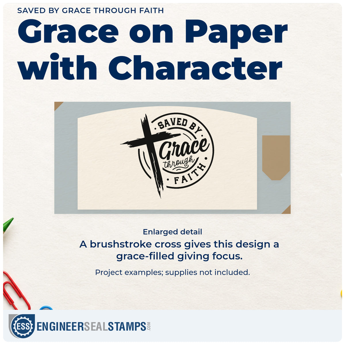 Enlarged detail of the Saved By Grace Through Faith Brushstroke Cross Wood Handle Stamp imprint. A brushstroke cross overlaps a circular "Saved by grace through faith" design.