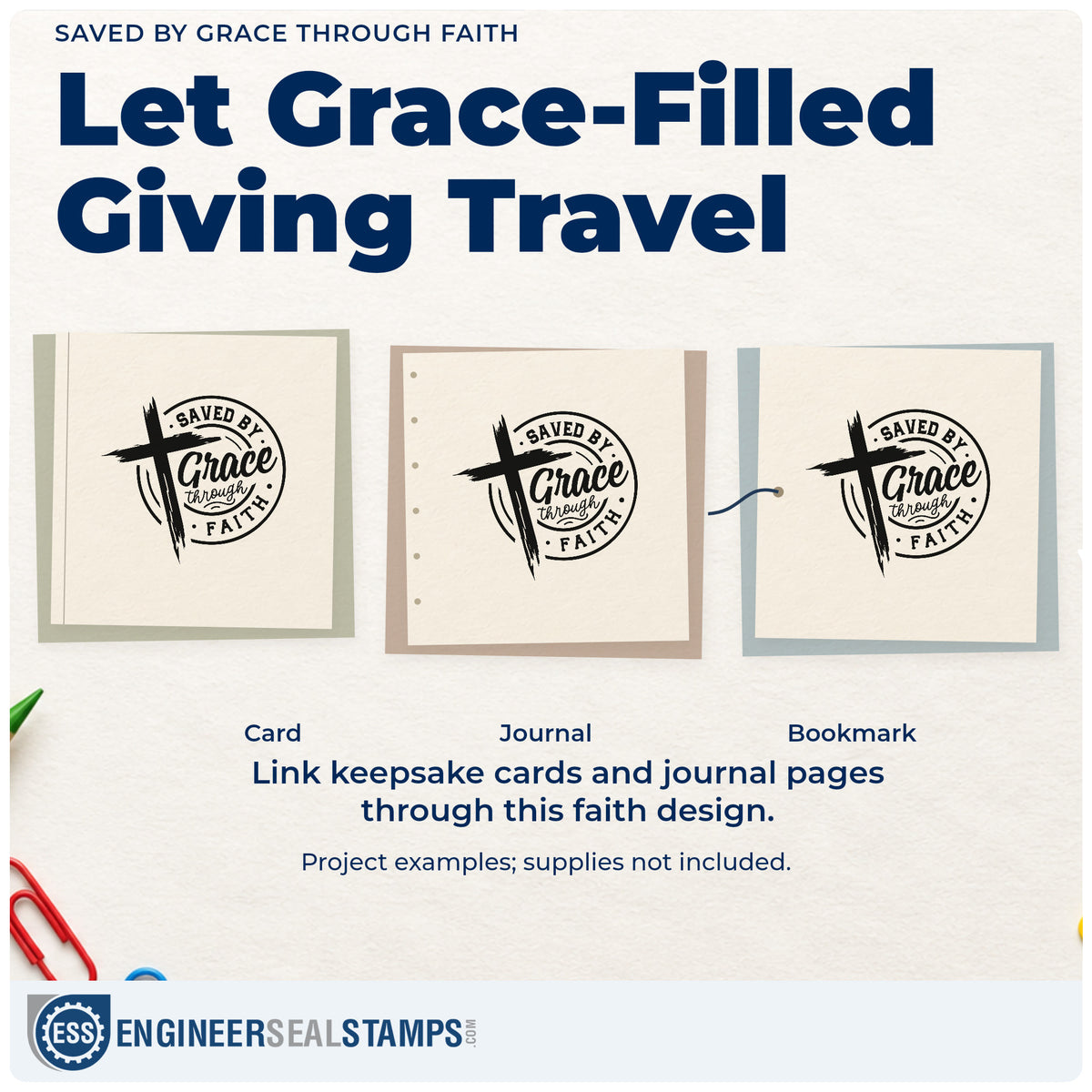 Three project examples made with the Saved By Grace Through Faith Brushstroke Cross Slim Pre-Inked Stamp, including testimony bookmarks.