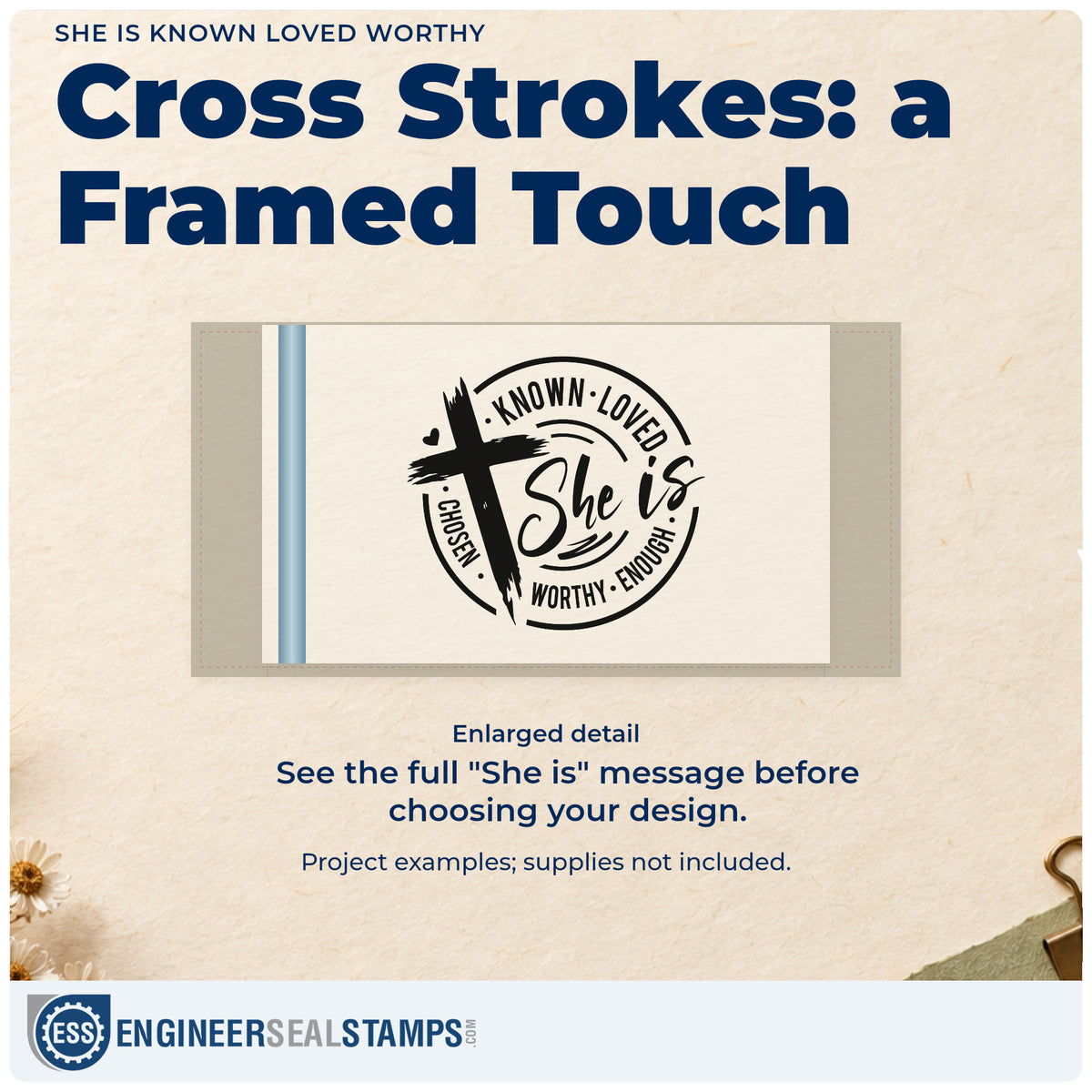 Enlarged detail of the She Is Known Loved Worthy Brushstroke Cross Stamp – Wood Handle imprint. A brushstroke cross overlaps a "She is" badge bordered by "Known," "Loved," "Chosen," "Worthy," and "Enough."