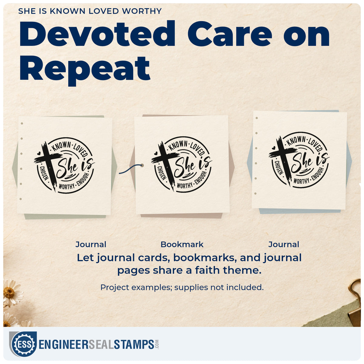 Three project examples made with the She Is Known Loved Worthy Brushstroke Cross Compact Pre-Inked Stamp – Slim, including charm bracelet cards.