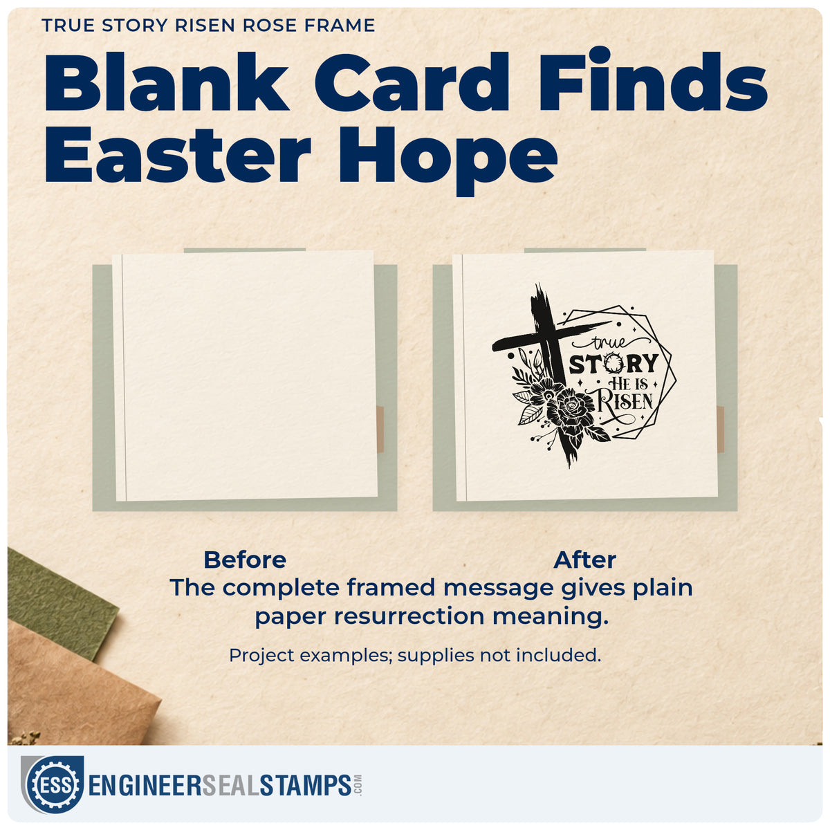 Before and after of a plain item finished with the Duo Hand True Story Risen Rose Framed Lettering Rubber Stamp, a quick upgrade for bakery bread bands.