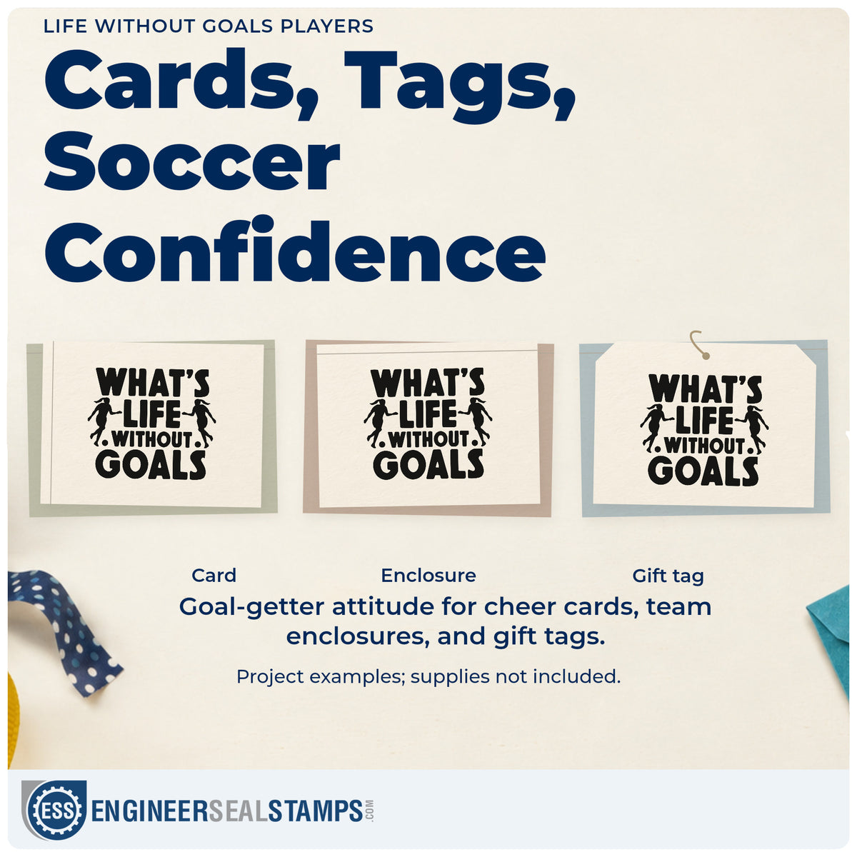 Three project examples made with the Life Without Goals Players Stamp – Self-Inking, including water bottle labels.