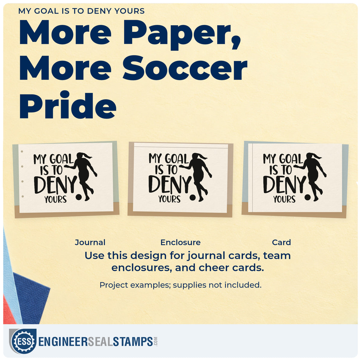 Three project examples made with the My Goal Is To Deny Yours PSI Pre-Inked Stamp, including defender award cards.