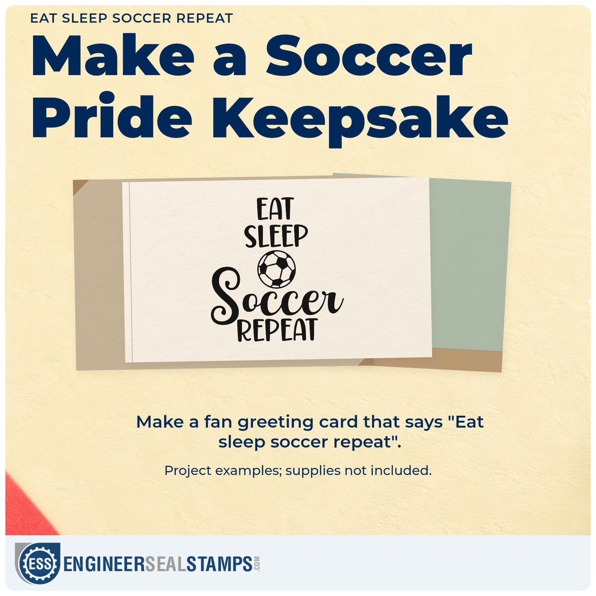 A finished handmade project stamped with the Eat Sleep Soccer Repeat Premium Wood-Mounted Stamp - Vintage Pro, ideal for meal prep tags.