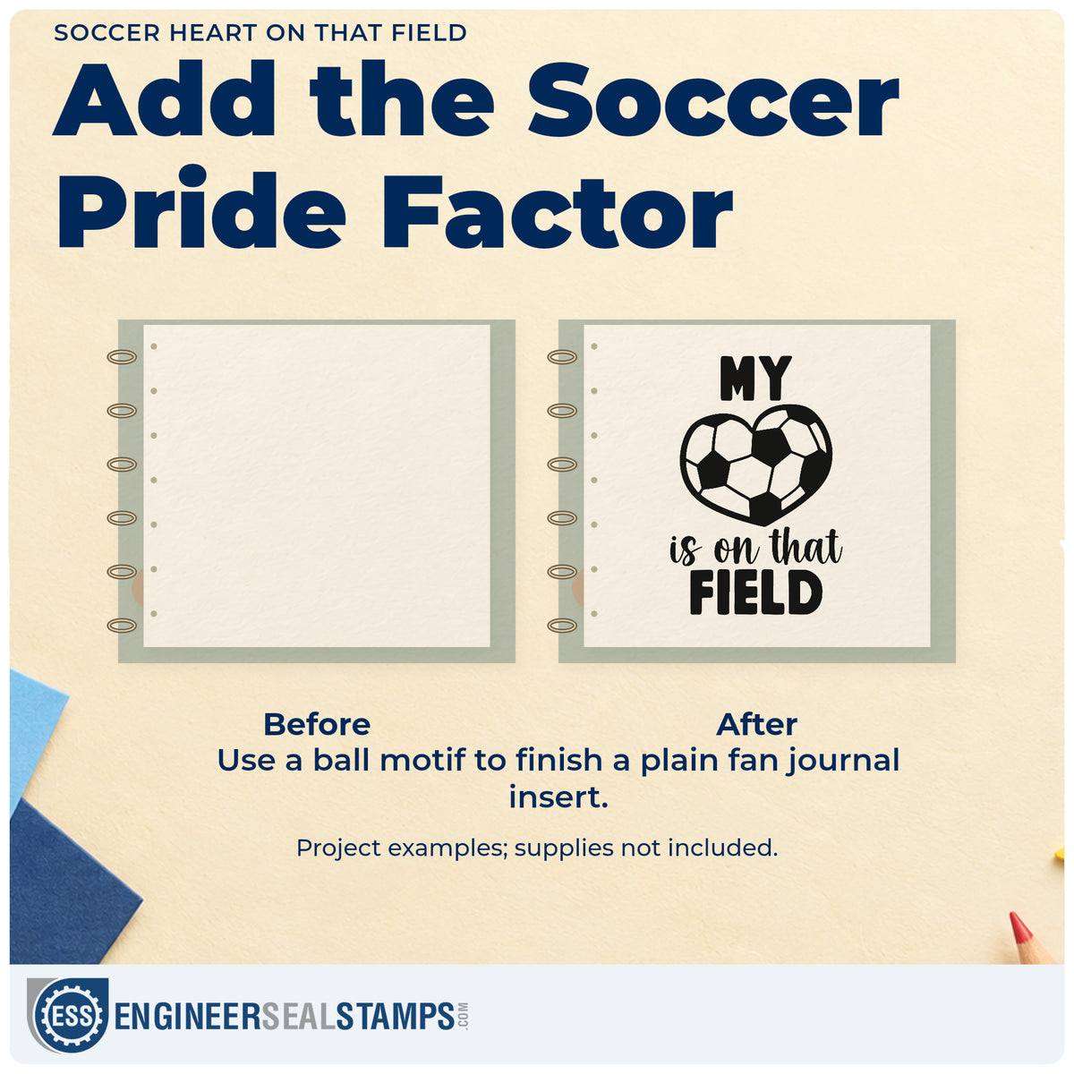 Before and after of a plain item finished with the Wood Handle My Heart On The Soccer Field Rubber Stamp, a quick upgrade for scholarship announcement.