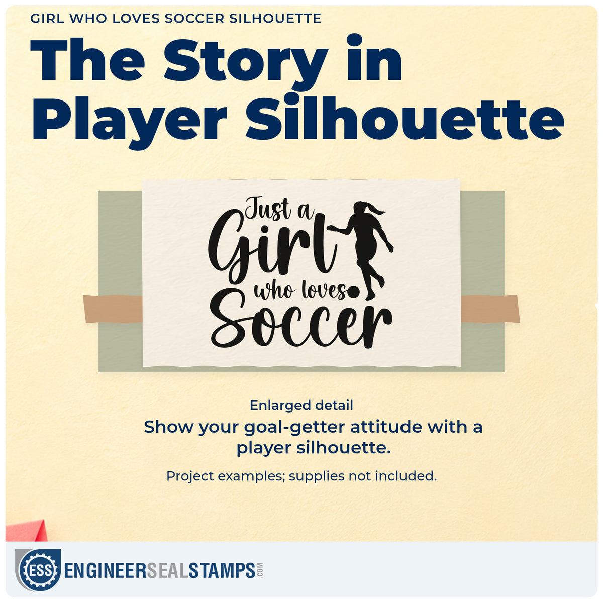 Enlarged detail of the Girl Who Loves Soccer Silhouette Hand Stamp – Duo imprint. A female player silhouette accompanies "Just a girl who loves soccer" in large flowing lettering.