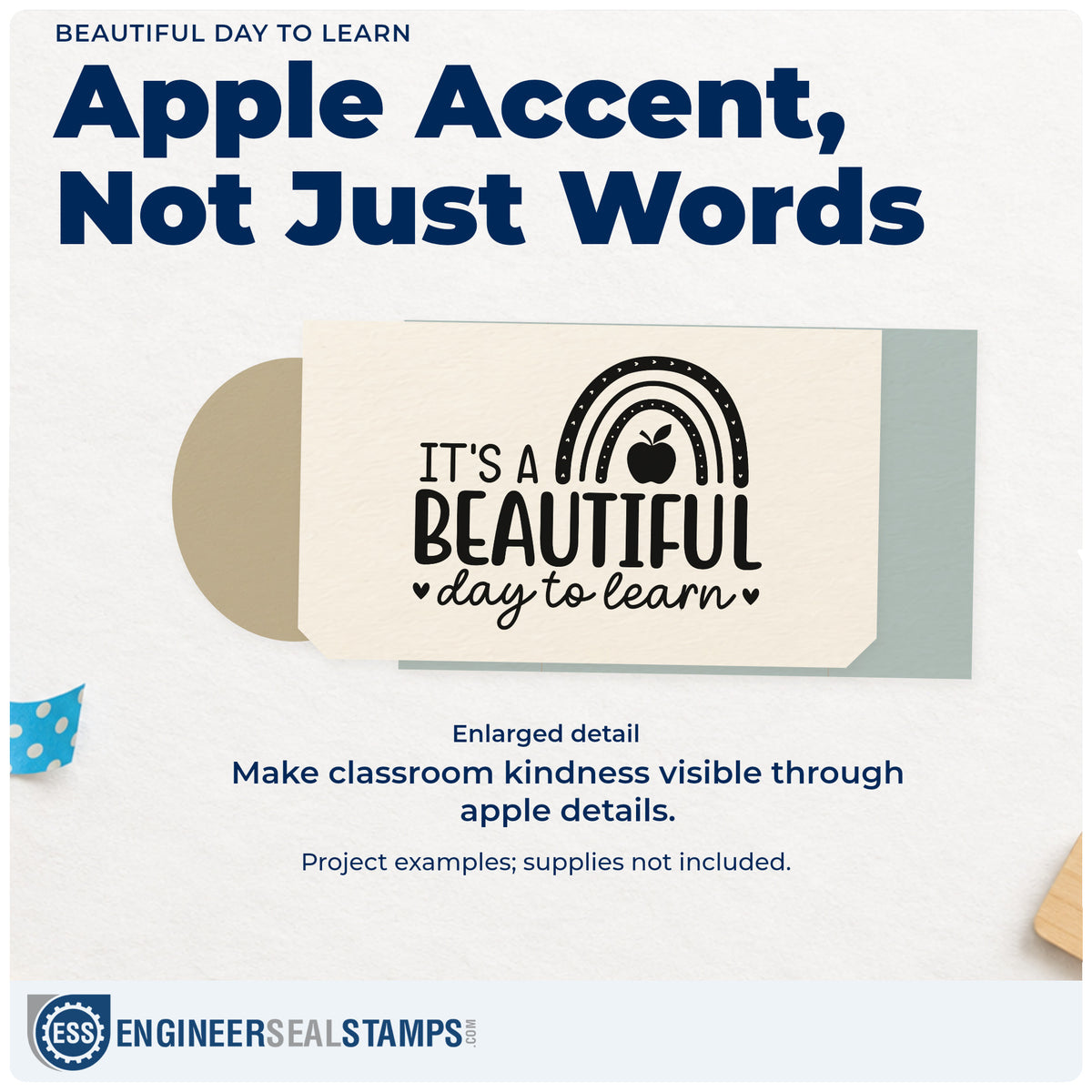 Enlarged detail of the It's A Beautiful Day To Learn Pre-Inked Stamp – Slim imprint. A rainbow and apple sit above "It's a beautiful day to learn," with small hearts.