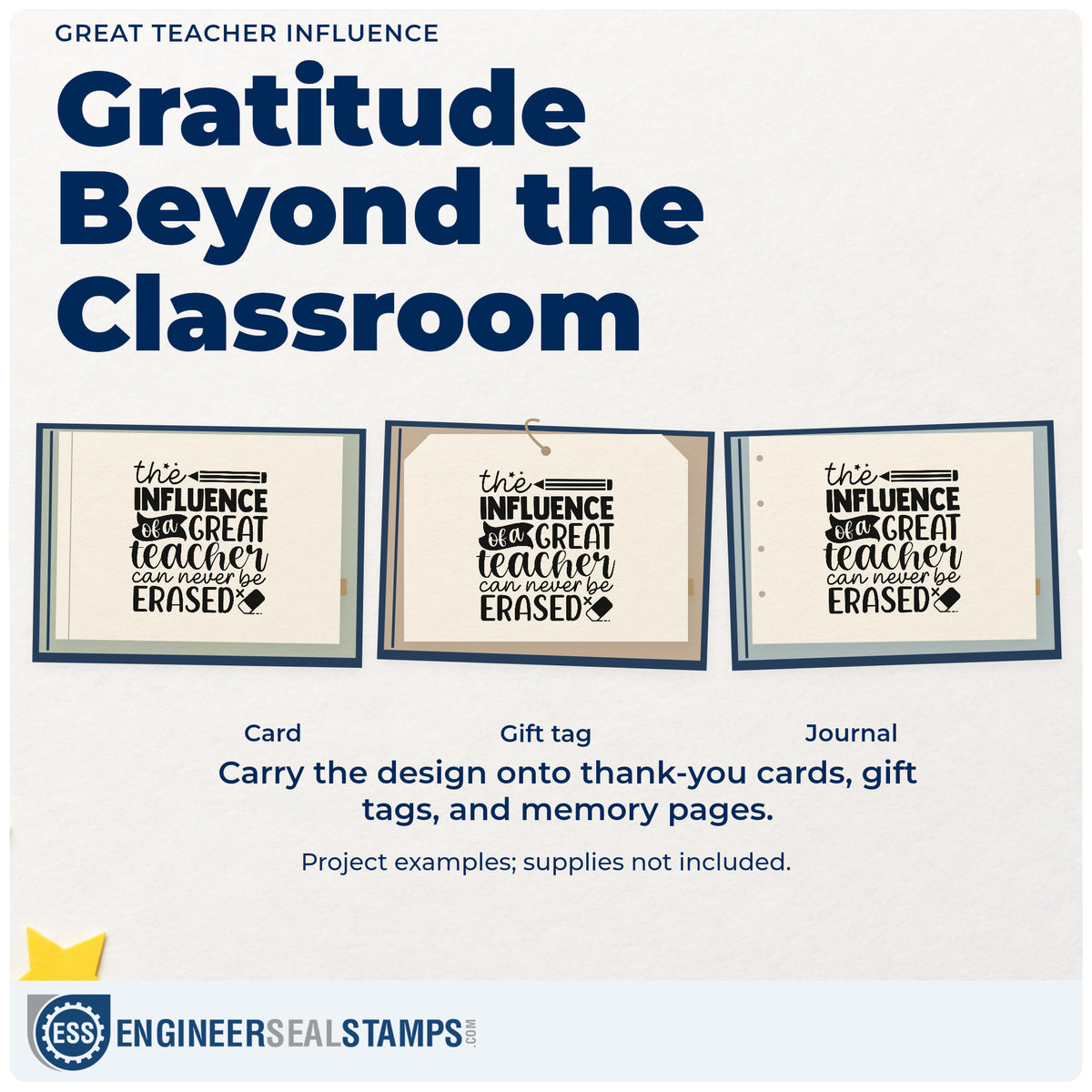 Three project examples made with the Great Teacher Influence Compact Pre-Inked Stamp – Slim, including pencil box labels.