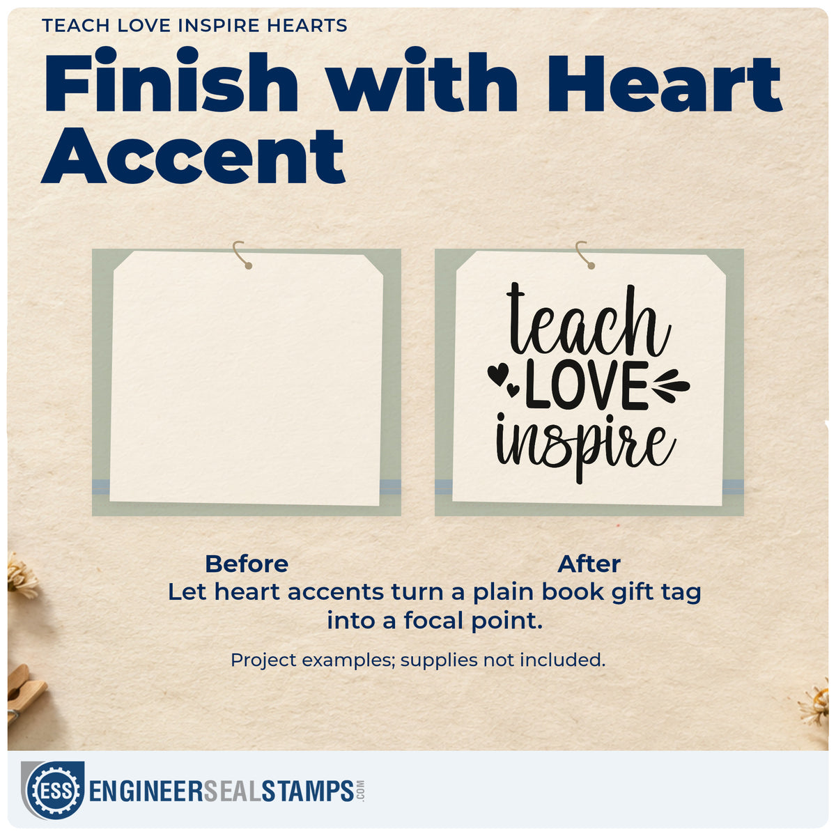 Before and after of a plain item finished with the Teach Love Inspire Hearts Rubber Stamp – Duo Hand, a quick upgrade for kiln shelf bands.