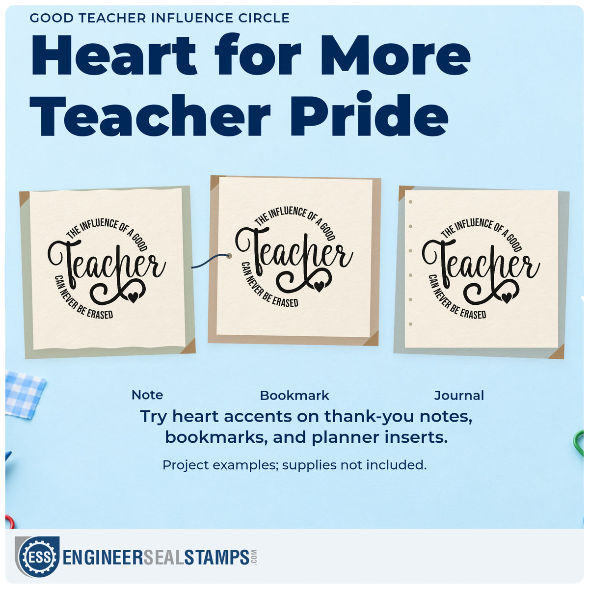 Three project examples made with the The Influence Of A Good Teacher Can Never Be Erased Stamp – Wood Handle, including clock face crafts.