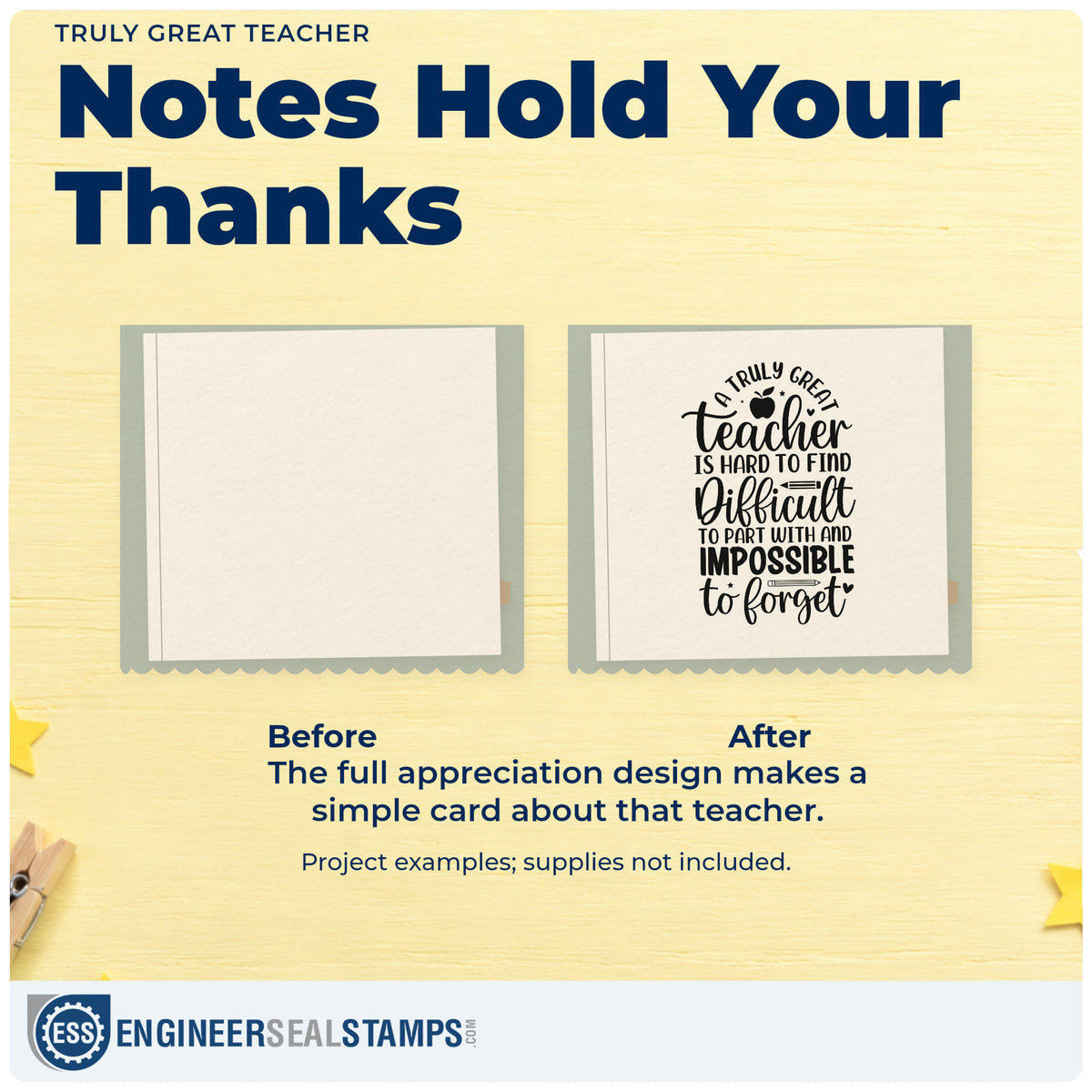 Before and after of a plain item finished with the PSI Pre-Inked Truly Great Teacher Stamp, a quick upgrade for gift basket bands.