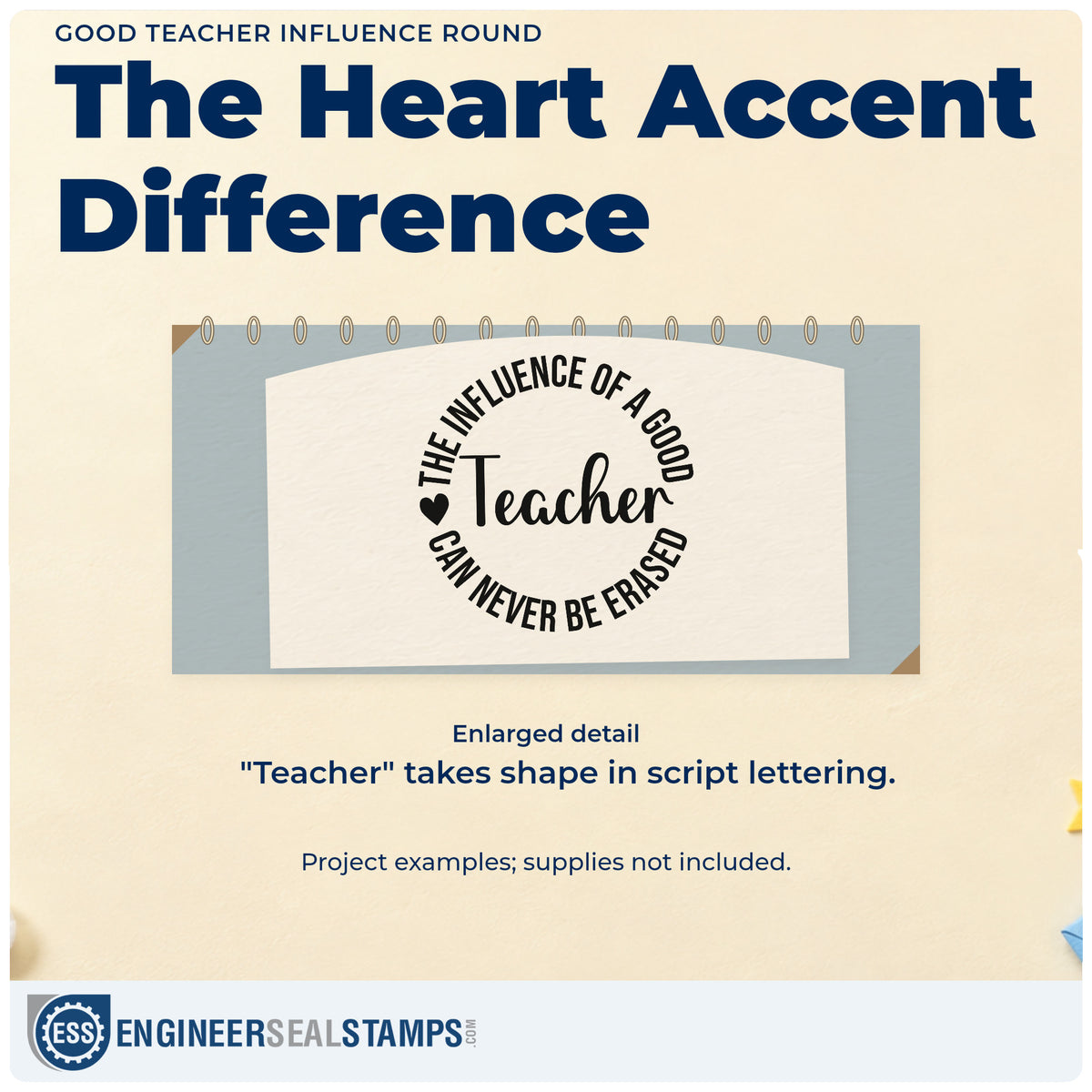 Enlarged detail of the Good Teacher Influence Round With Hearts Slim Pre-Inked Stamp imprint. Large "Teacher" script and a heart sit inside curved "The influence of a good teacher can never be erased" lettering.