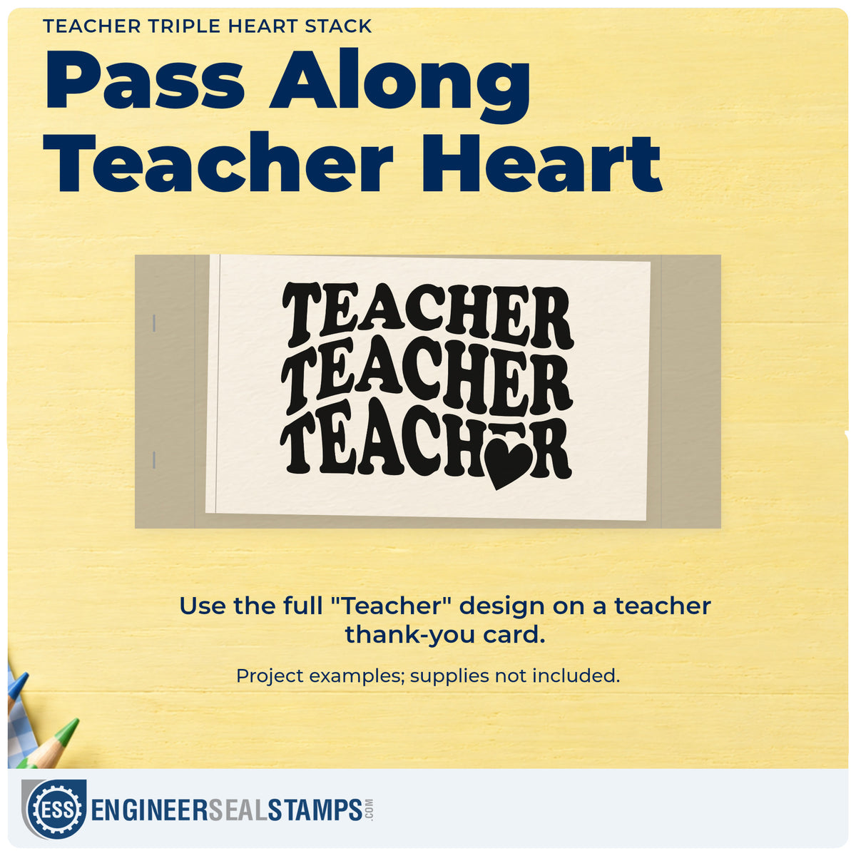 A finished handmade project stamped with the Teacher Triple Heart Stack Serif Lettering Self-Inking Stamp, ideal for trio gift tags.