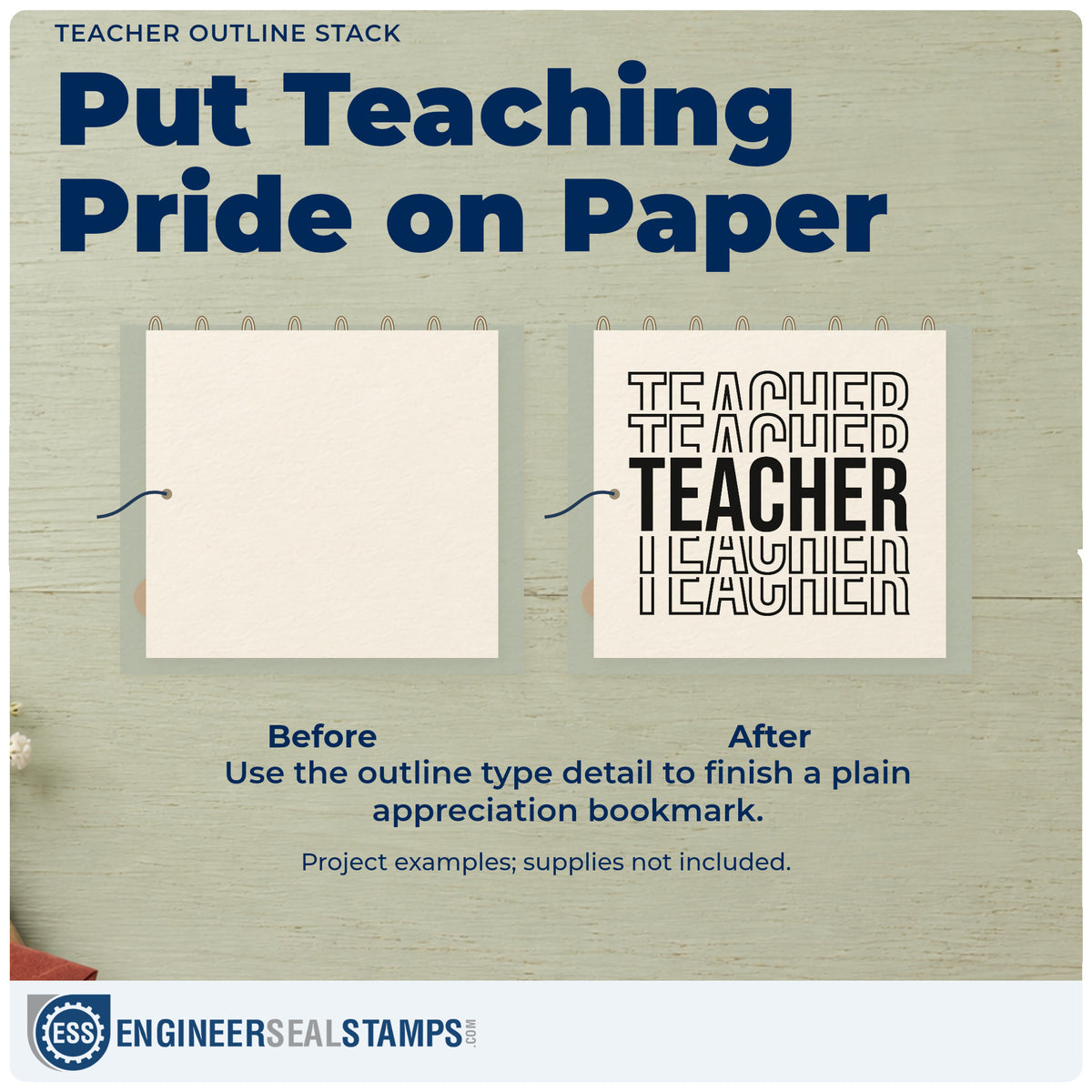 Before and after of a plain item finished with the Teacher Stacked Outline Typography Stamp – Slim Pre-Inked, a quick upgrade for locker bank labels.