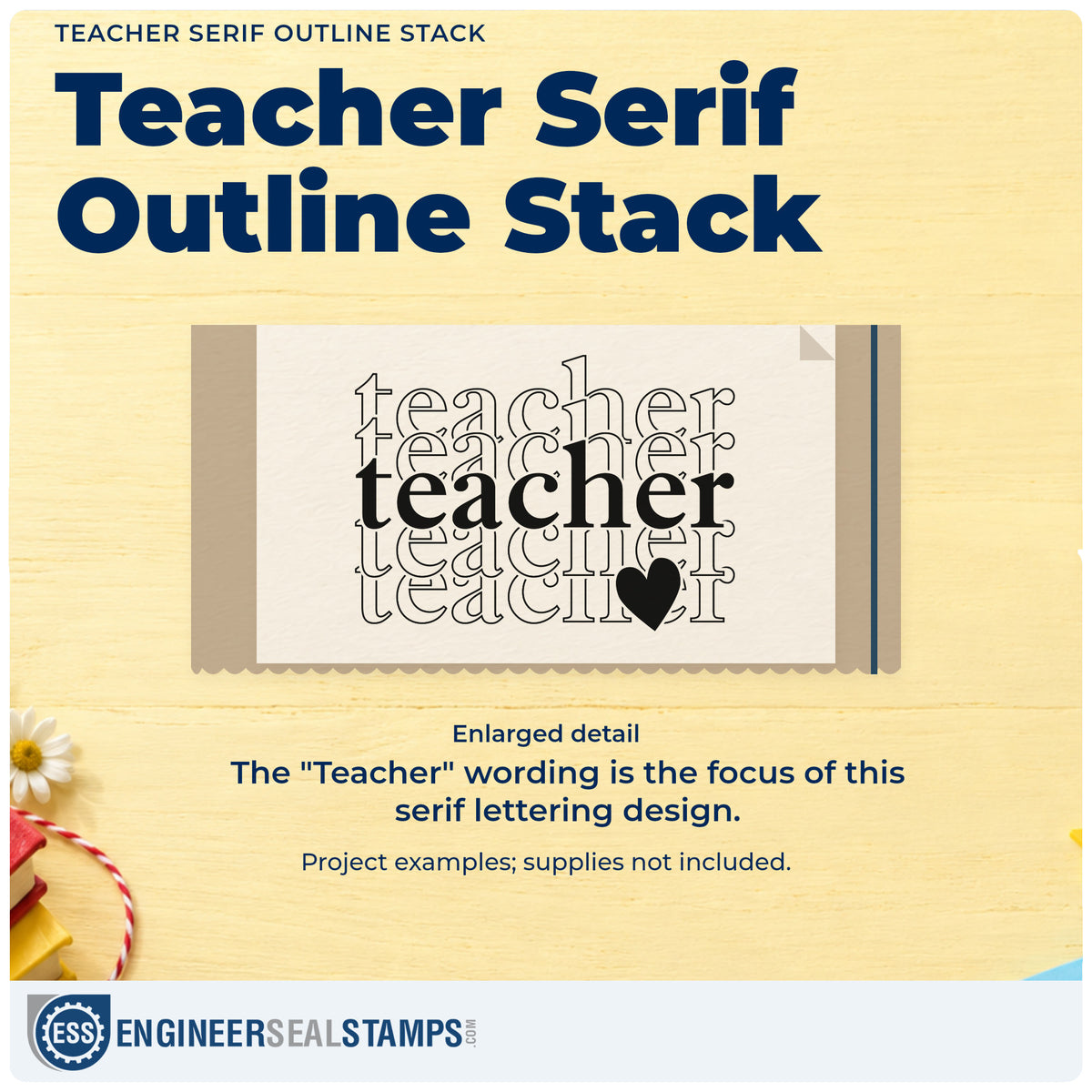 Enlarged detail of the Teacher Serif Outline Stack With Hearts Self-Inking Stamp imprint. Repeated serif "Teacher" lettering surrounds one solid central word, with a heart at the lower right.