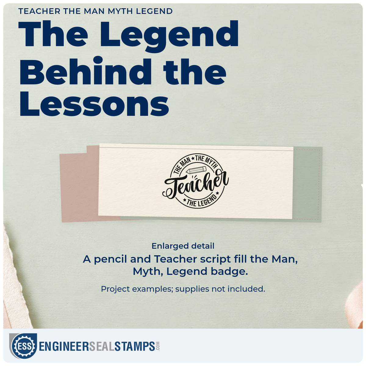 Enlarged detail of the Teacher The Man Myth Legend Premium Wood-Mounted Stamp - Vintage Pro imprint. A pencil and large "Teacher" script fill a circular "The man, the myth, the legend" badge.