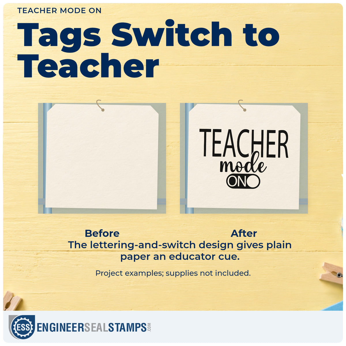 Before and after of a plain item finished with the Teacher Mode On Self-Inking Stamp, a quick upgrade for outlet cover labels.