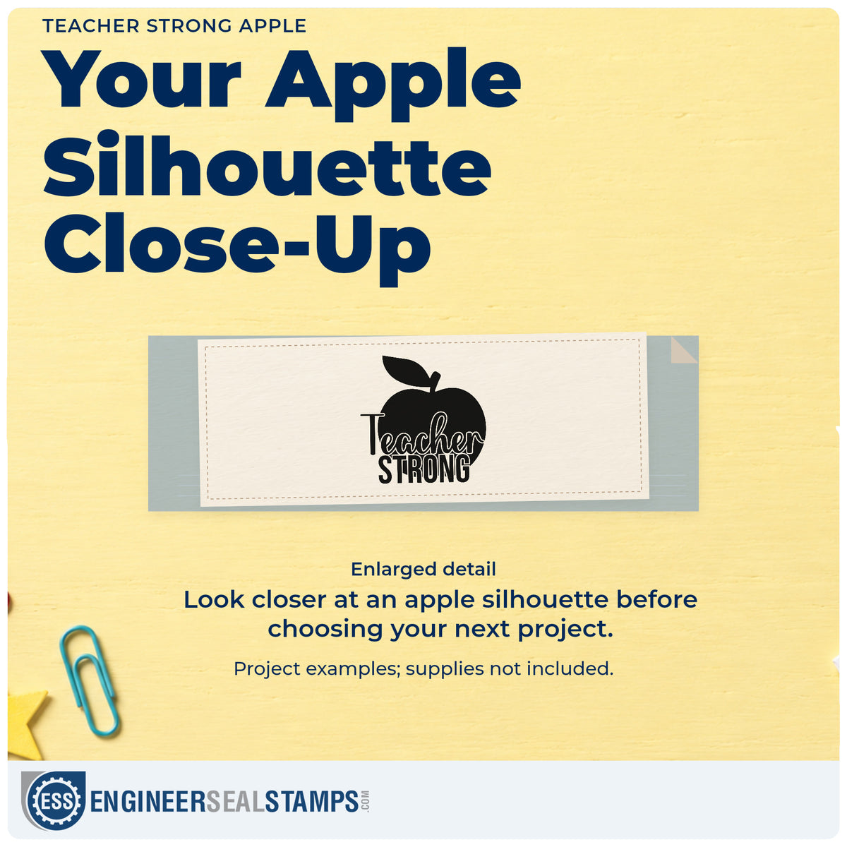 Enlarged detail of the Teacher Strong Apple Pre-Inked Stamp – Slim imprint. A large solid apple forms the backdrop to "Teacher strong" in script and block lettering.
