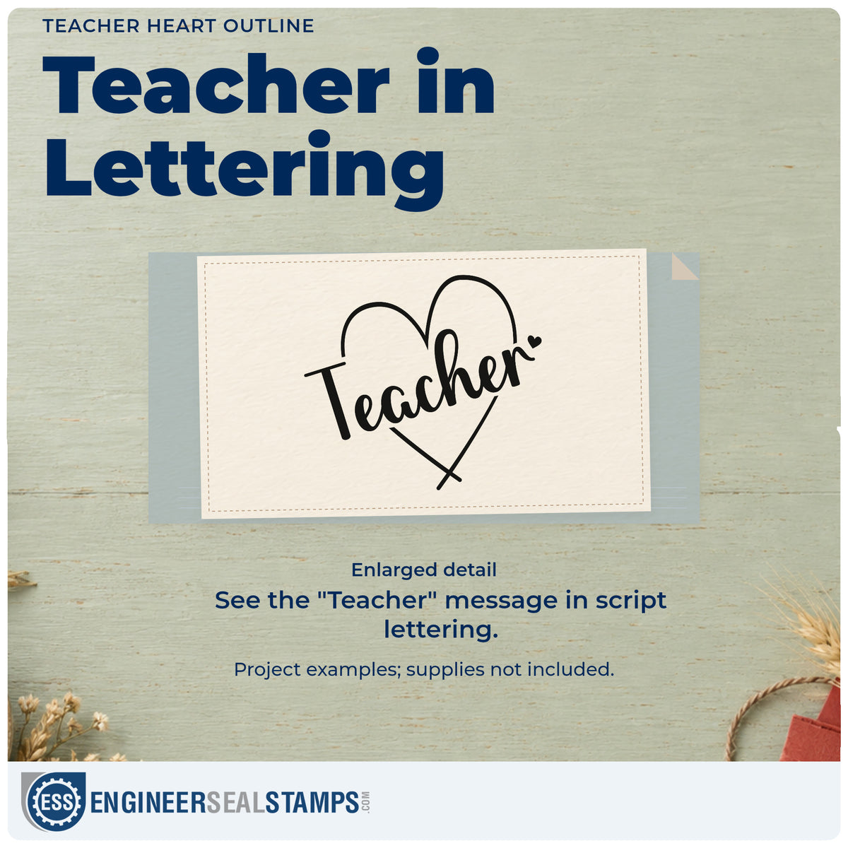 Enlarged detail of the Teacher Heart Line Art Wood Handle Stamp imprint. Large slanted "Teacher" script crosses an outlined heart.