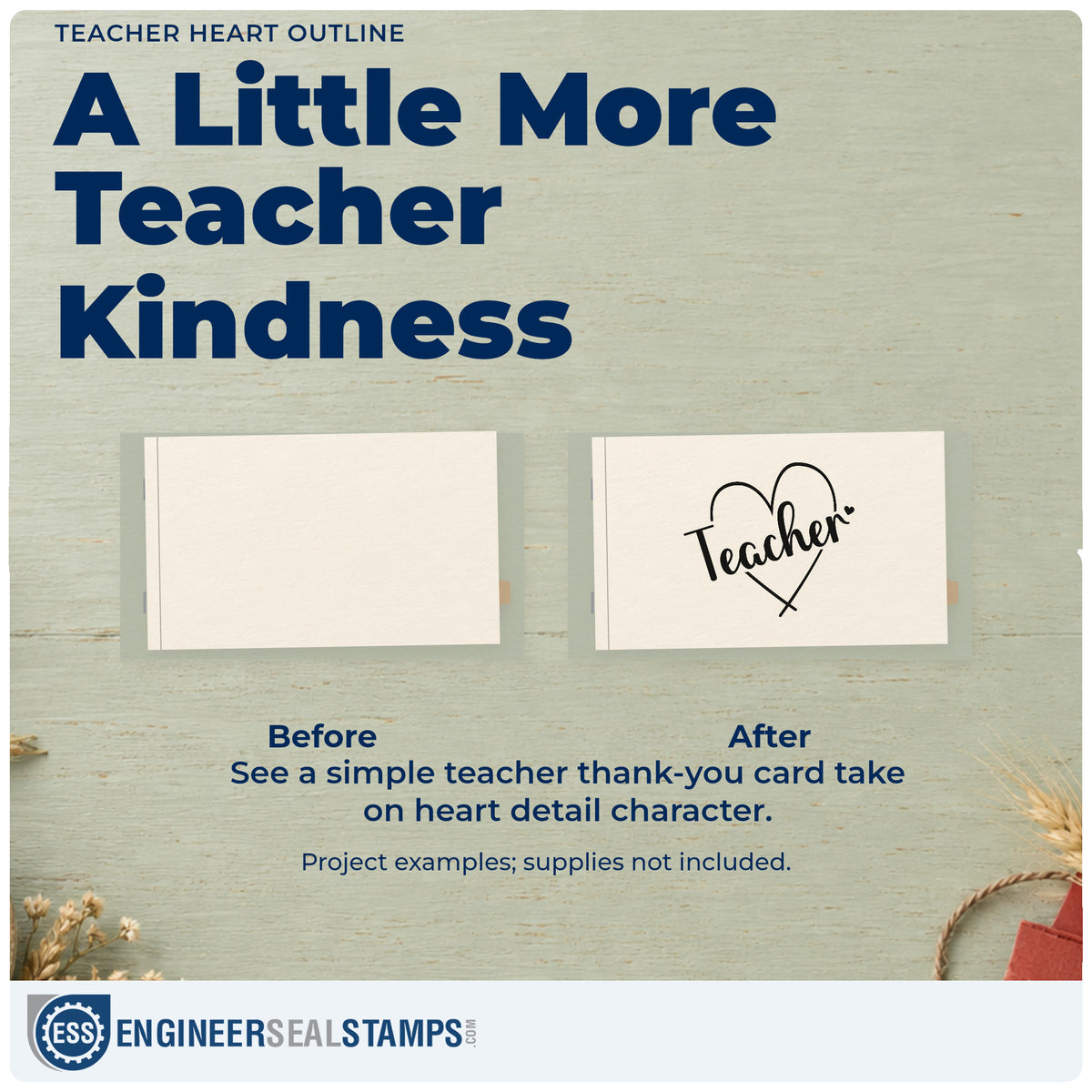 Before and after of a plain item finished with the Teacher Heart Line Art Pre-Inked Stamp – PSI, a quick upgrade for candy jar labels.