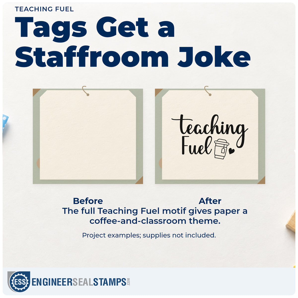 Before and after of a plain item finished with the Teaching Fuel Stamp – Self-Inking, a quick upgrade for pod drawer labels.
