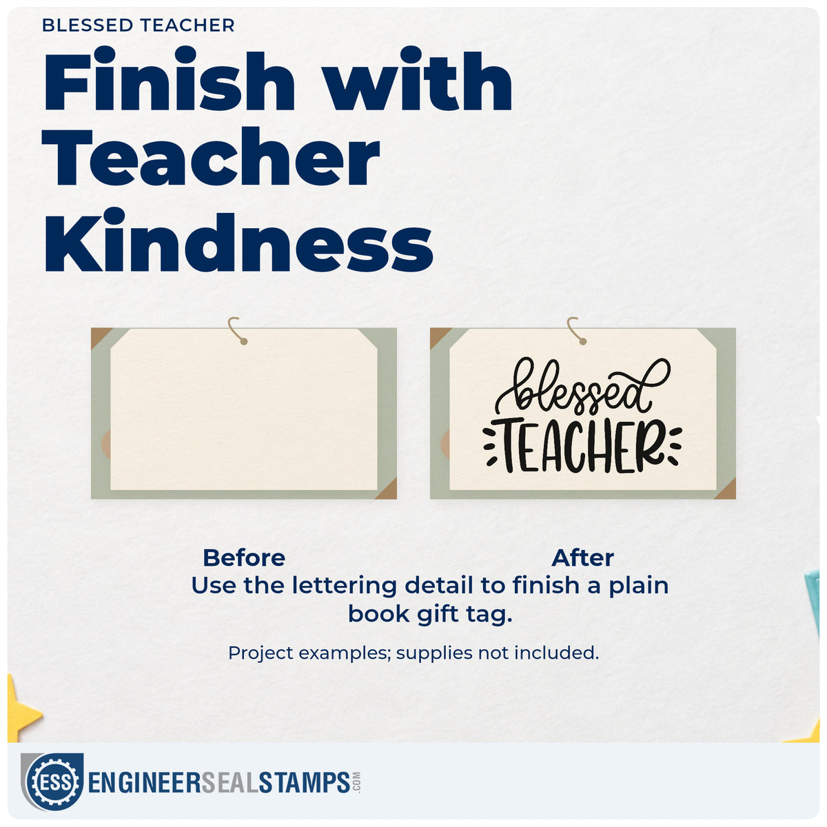 Before and after of a plain item finished with the Blessed Teacher Hand Stamp – Duo, a quick upgrade for bible shelf labels.