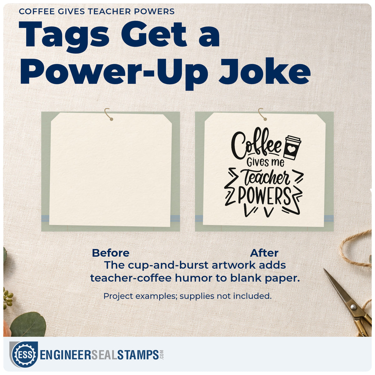 Before and after of a plain item finished with the Coffee Gives Teacher Powers Wood Handle Stamp, a quick upgrade for energy drink labels.
