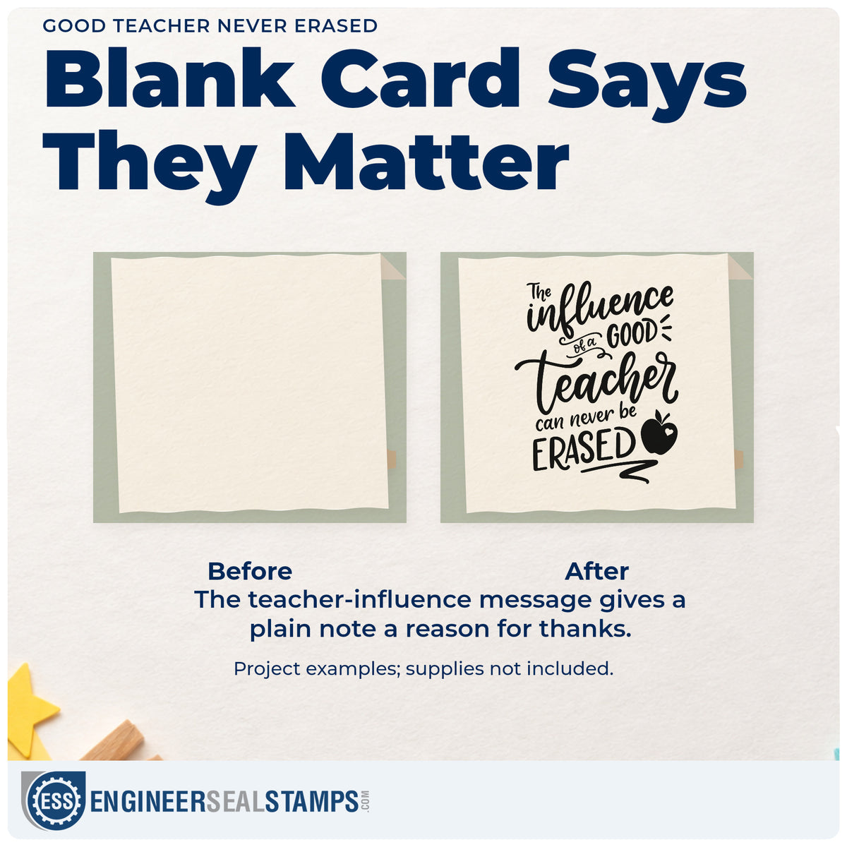 Before and after of a plain item finished with the Good Teacher Never Erased Self-Inking Stamp, a quick upgrade for forwarding labels.