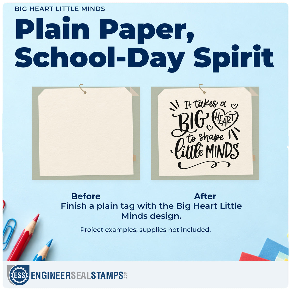 Before and after of a plain item finished with the It Takes A Big Heart To Shape Little Minds Stamp – Self-Inking, a quick upgrade for bottle shelf labels.