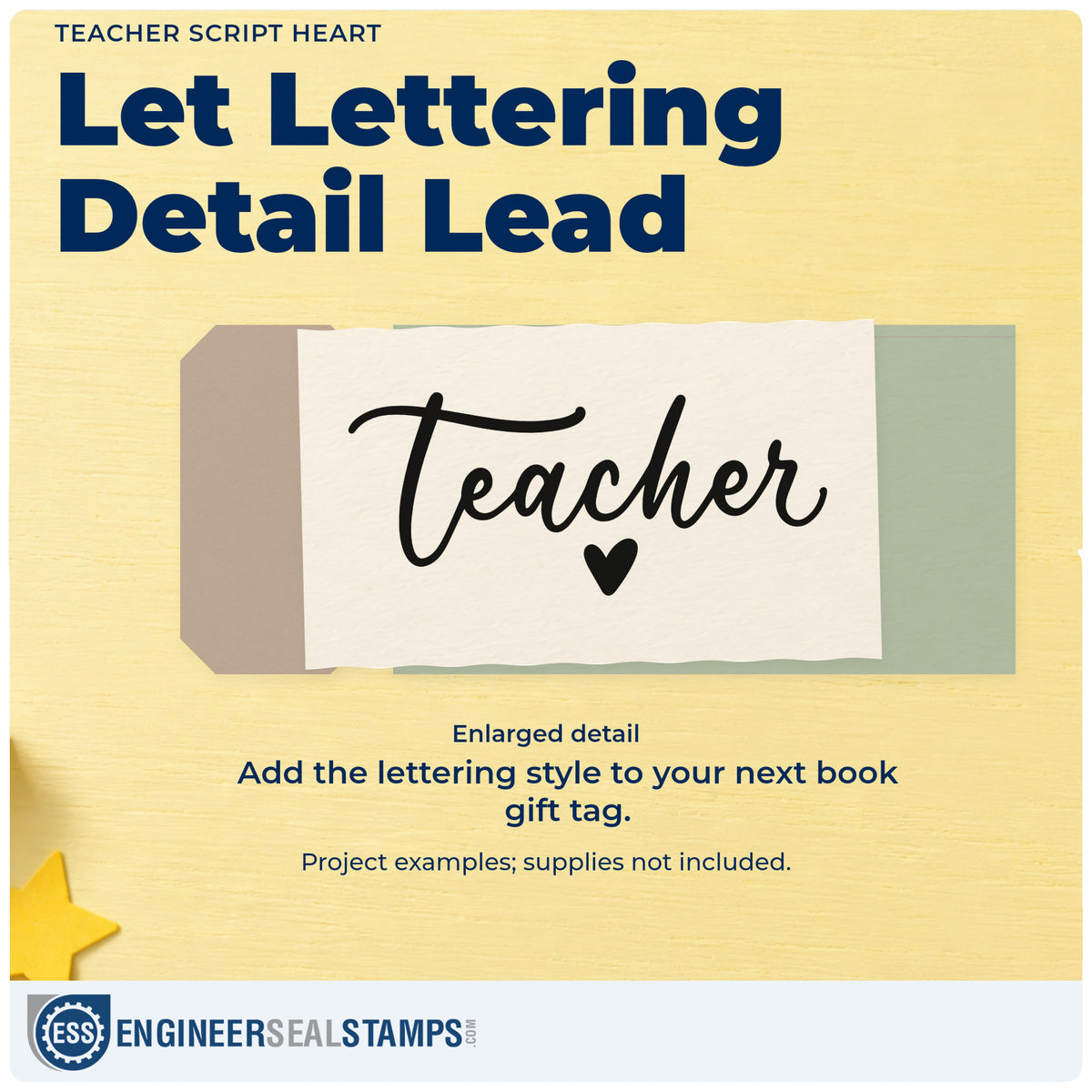 Enlarged detail of the Self-Inking Teacher Script Heart Lettering Stamp imprint. Simple flowing "Teacher" lettering appears above a small solid heart.