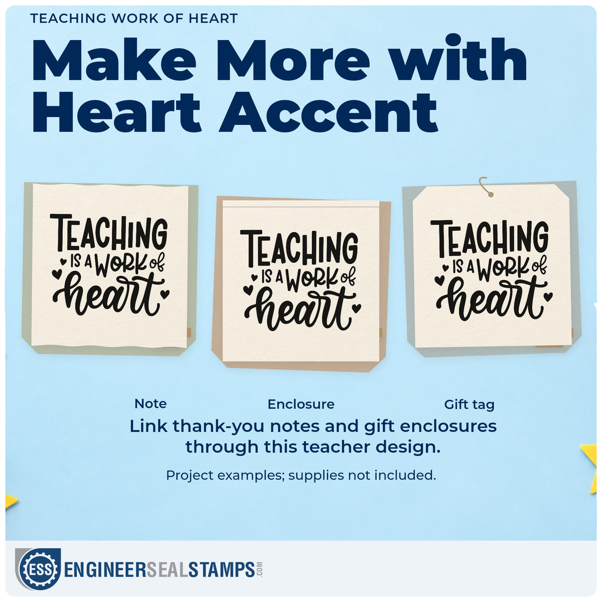 Three project examples made with the Teaching Work Of Heart Stamp - Premium Vintage Pro Wooden, including heart chain crafts.