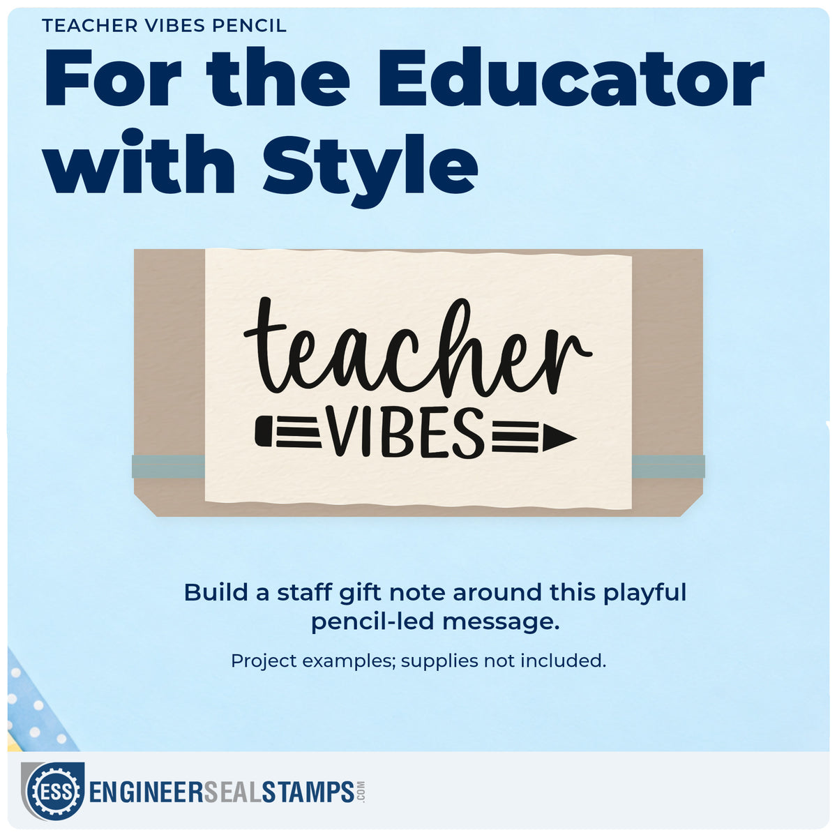 A finished handmade project stamped with the Teacher Vibes Pencil Script Lettering Wood Handle Stamp, ideal for slate board tags.